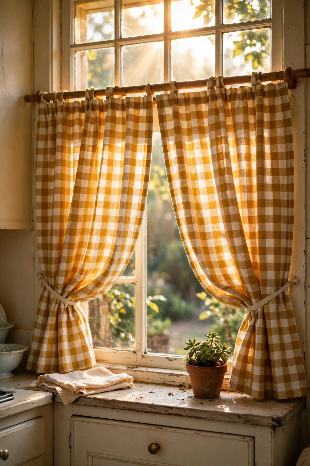 Mustard and cream gingham cafe curtains catching morning light