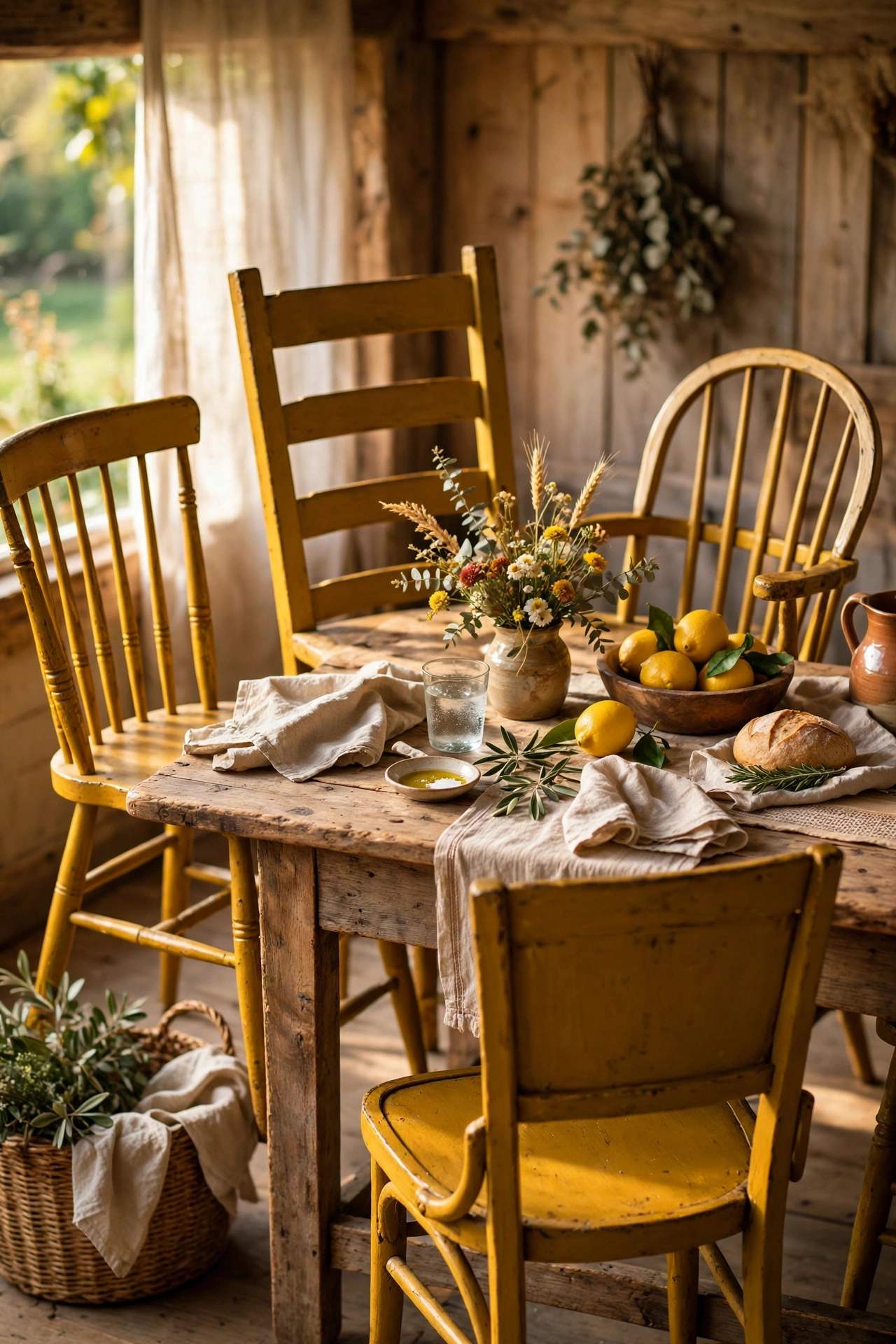 Mismatched wooden chairs painted deep mustard around a table