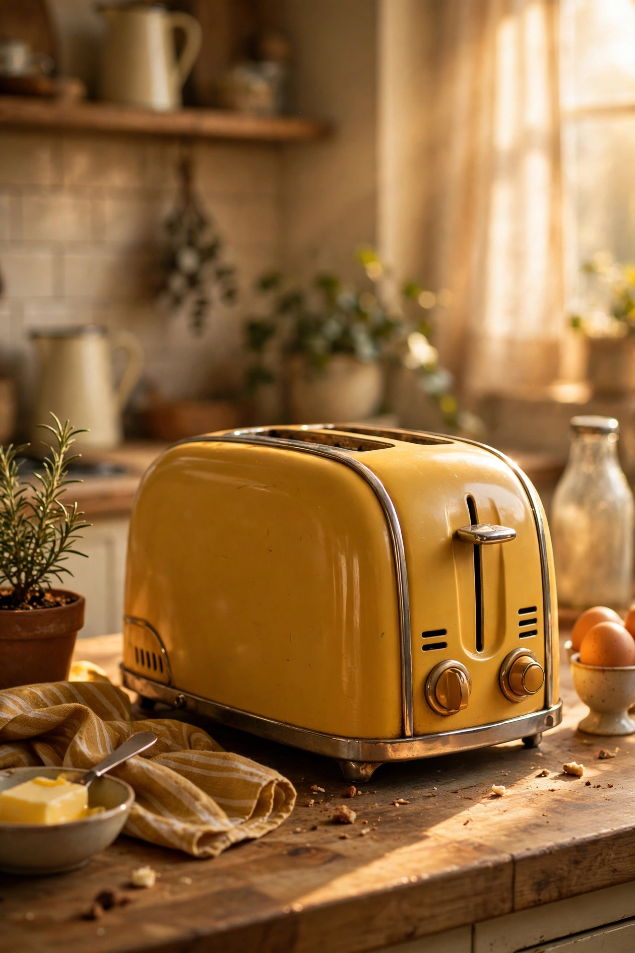 Retro-style mustard toaster on a kitchen worktop