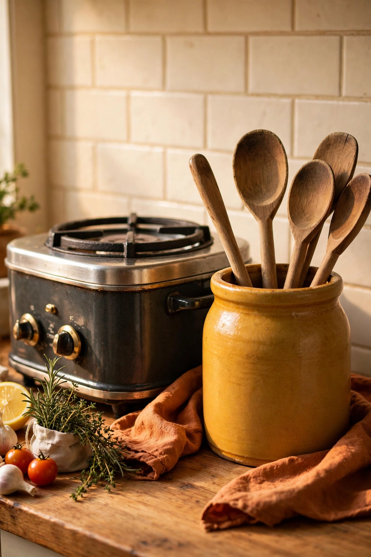 Mustard ceramic crock holding wooden spoons by the cooker