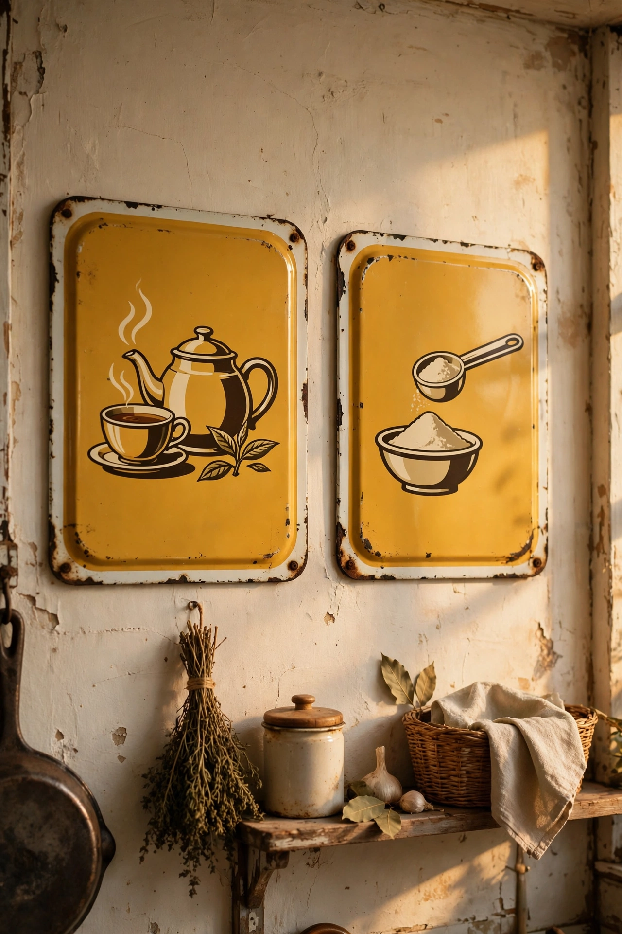 Vintage mustard enamel advertising signs on a kitchen wall