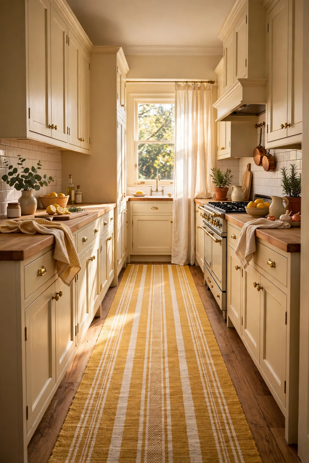 Mustard and cream striped flatweave rug in a galley kitchen