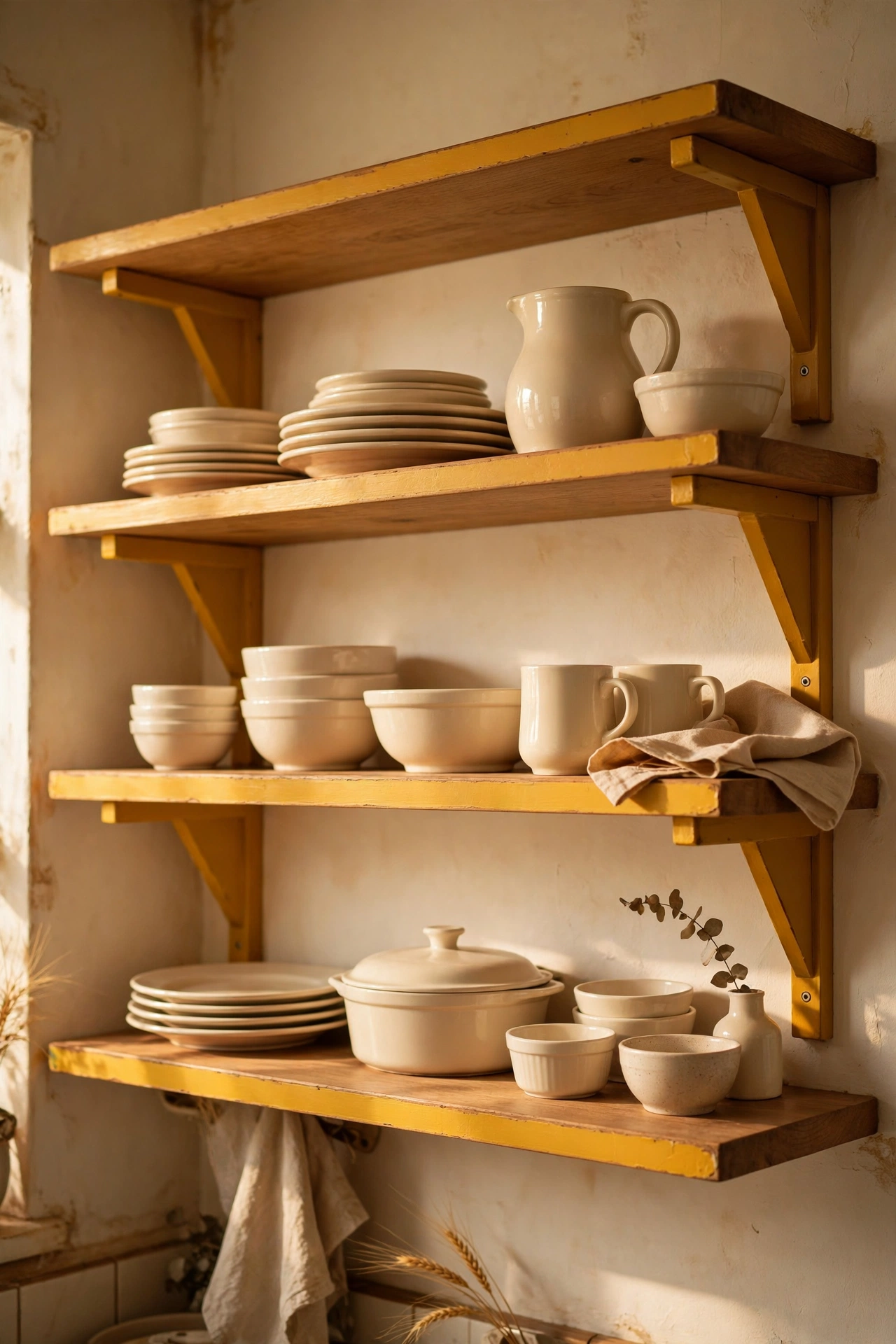 Open kitchen shelves with mustard painted brackets and edges