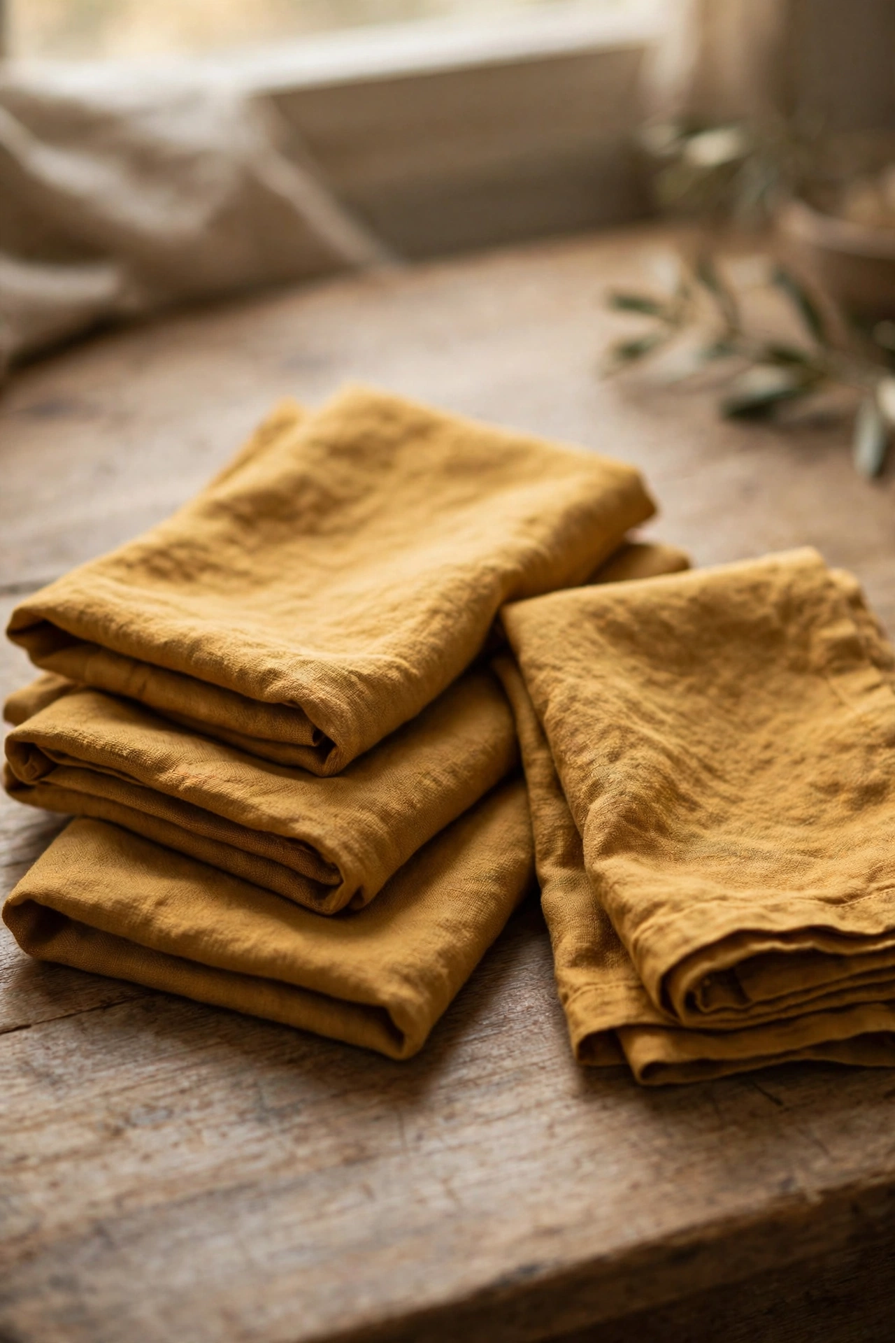 Set of mustard linen napkins folded on a kitchen table