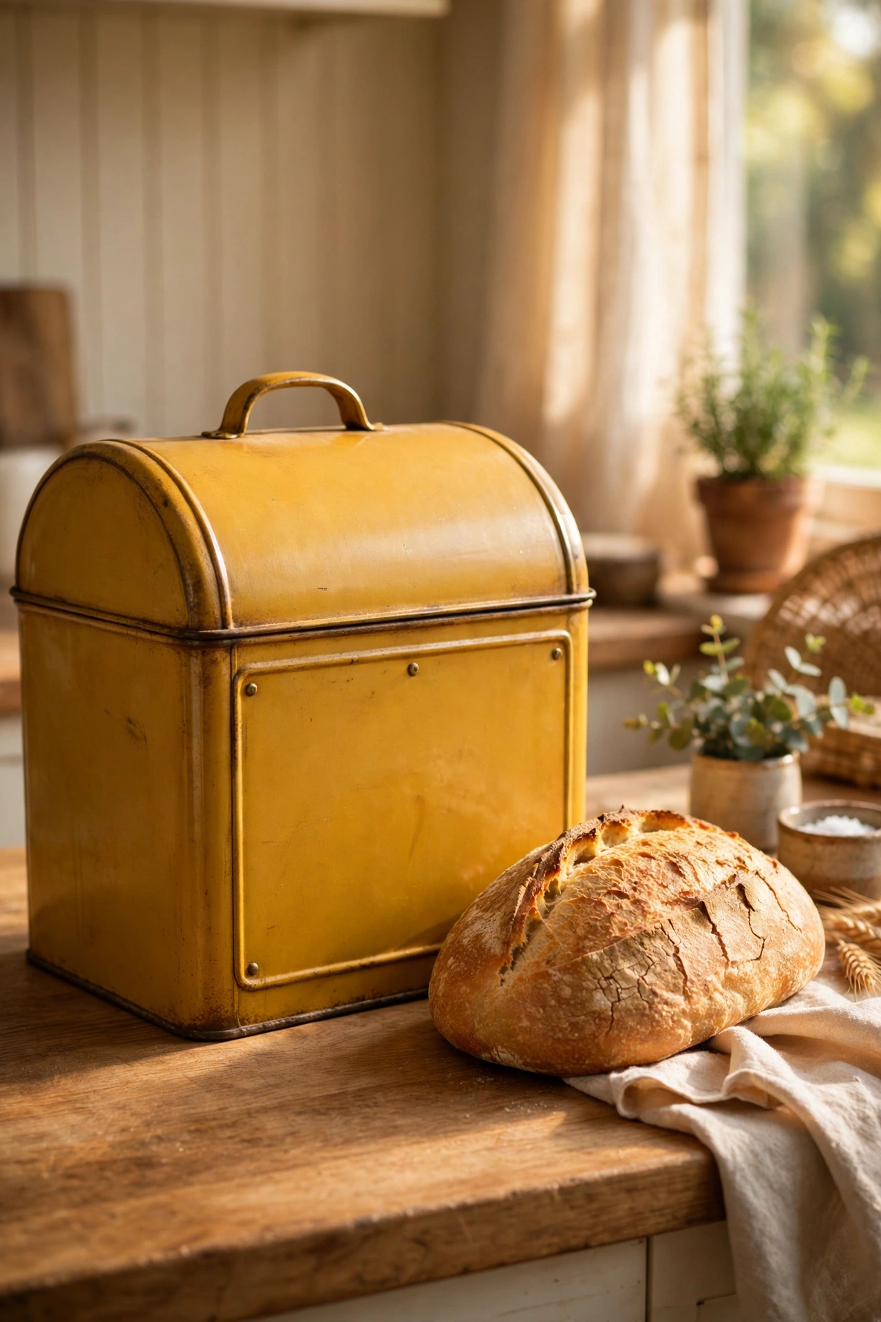 Vintage mustard tin bread bin on a kitchen worktop
