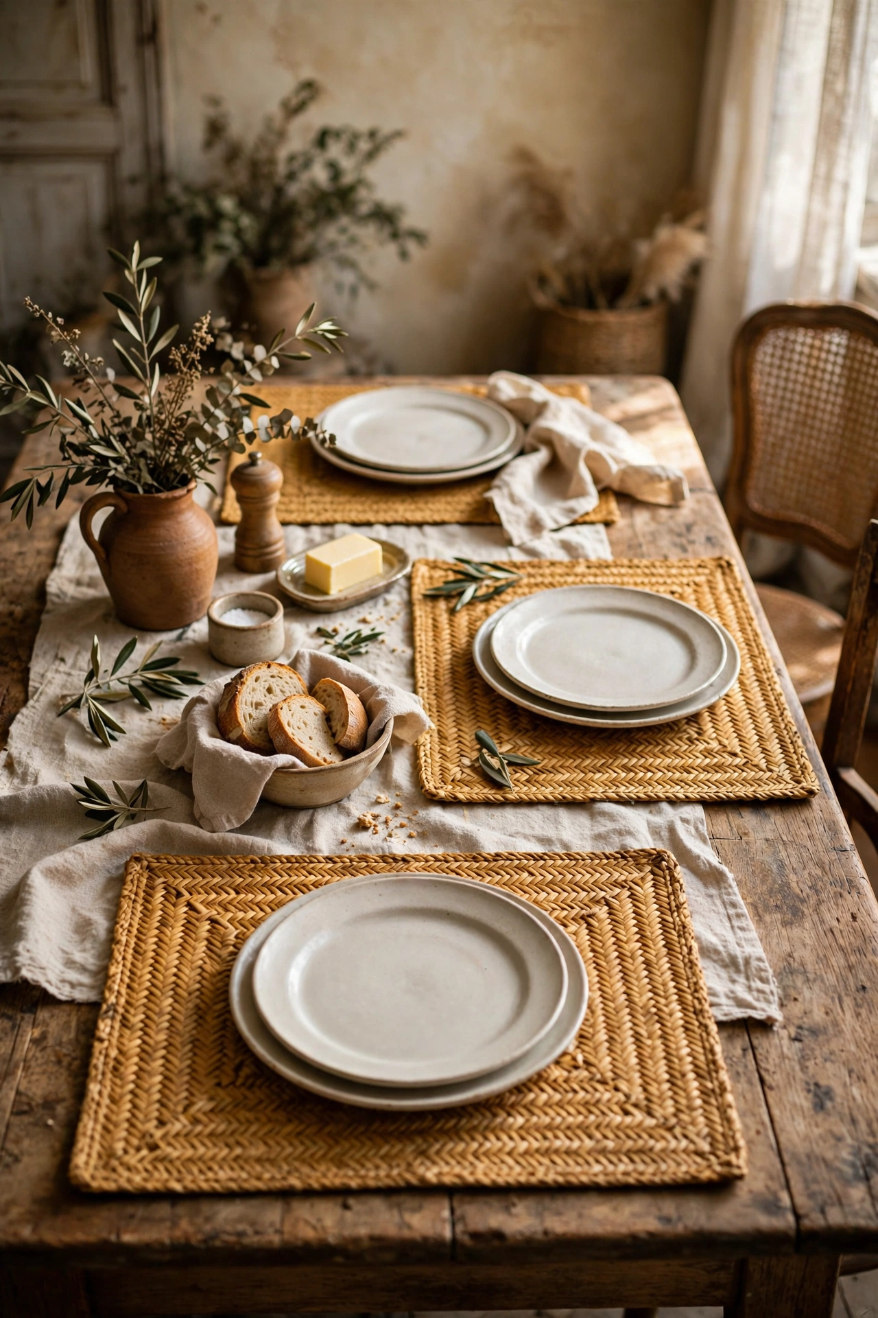 Woven mustard placemats under plates on a wooden table