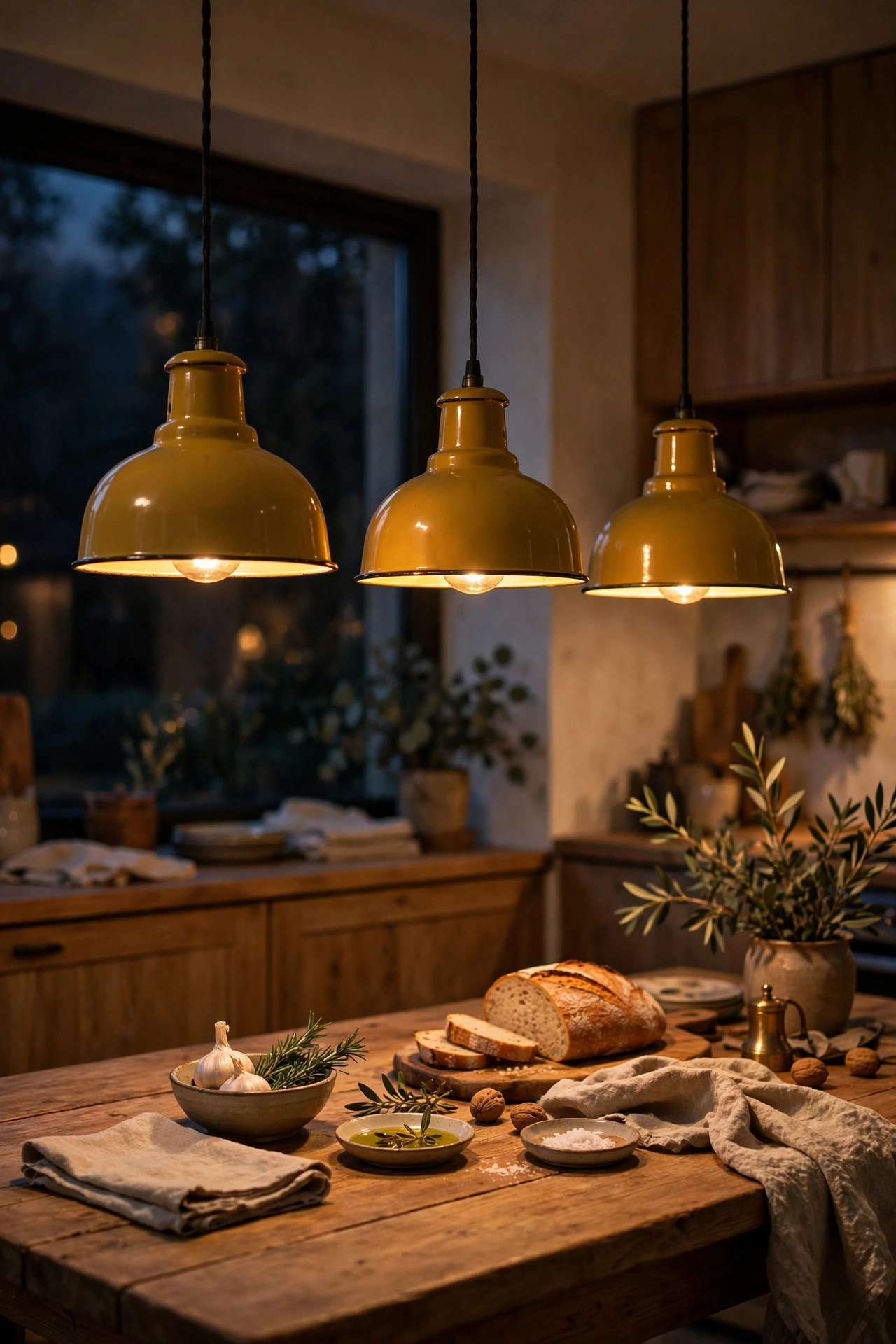 Mustard enamel pendant shades hanging over a kitchen table