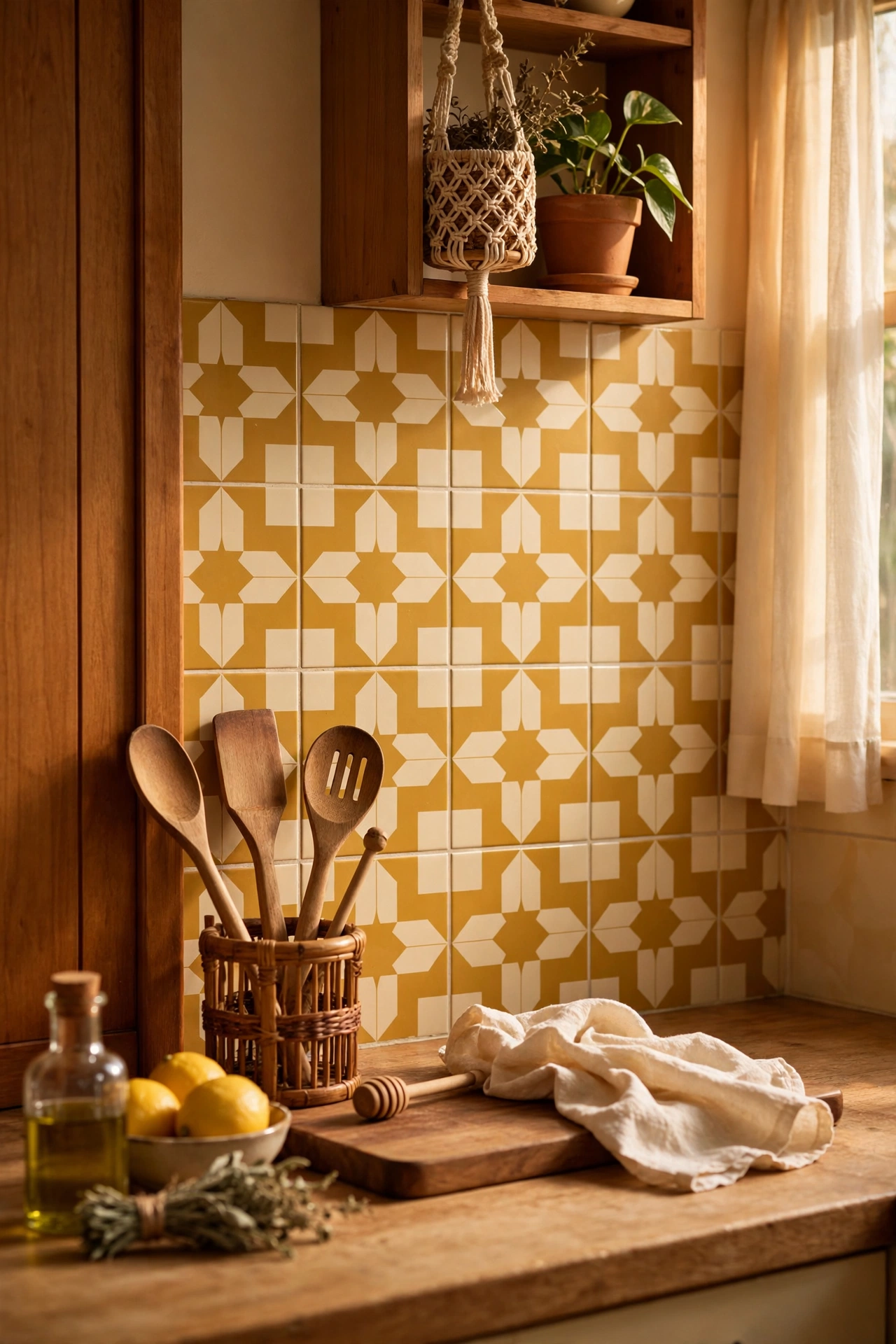 Mustard and cream retro pattern stick-on tile backsplash