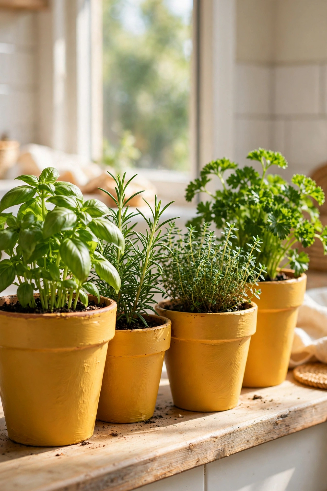 Terracotta pots painted mustard with herbs on a windowsill