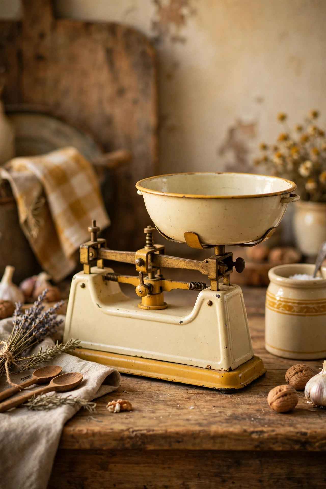 Vintage cream and mustard kitchen scale with weighing bowl
