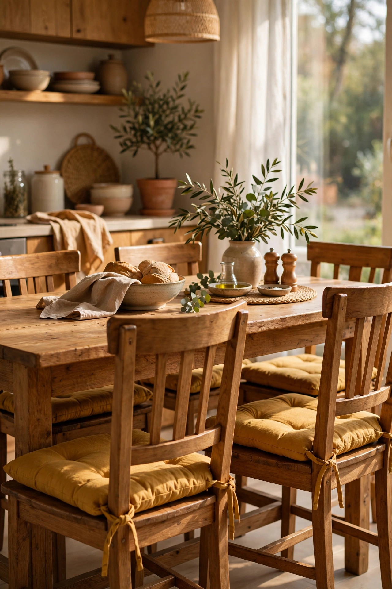 Dining chairs with mustard tie-on cushion pads