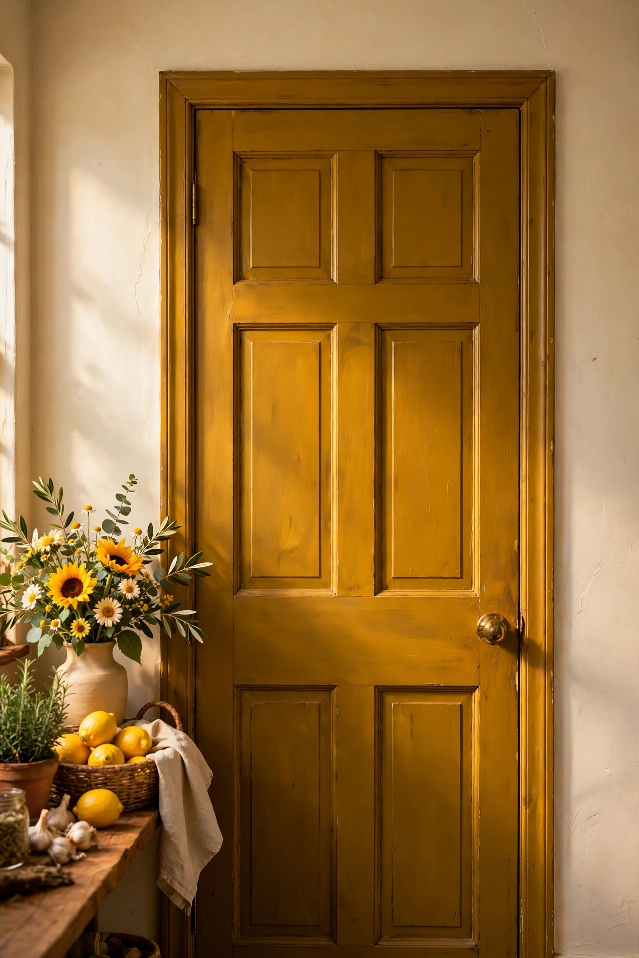 Pantry door painted deep mustard with a brass knob