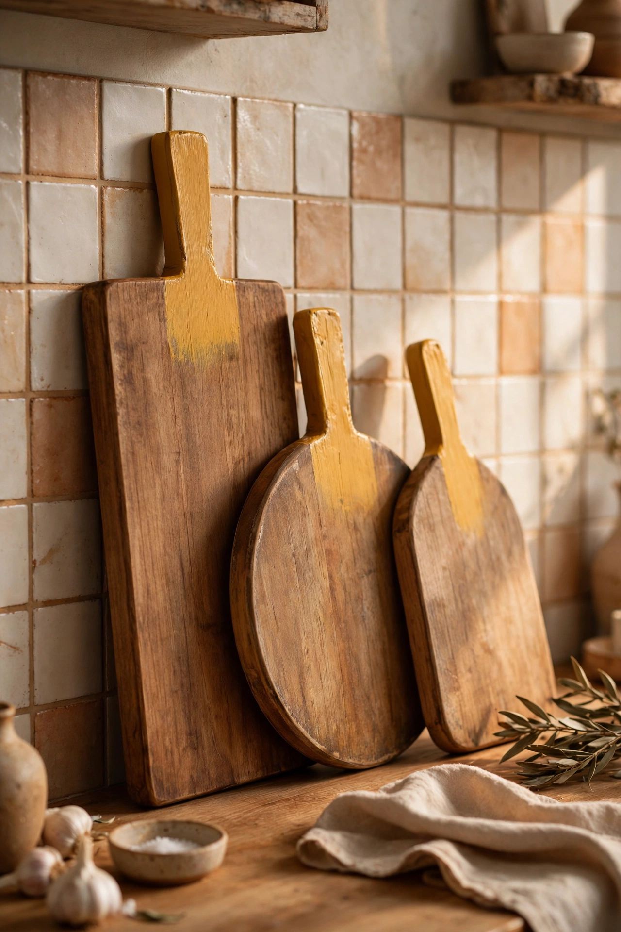 Wooden cutting boards with mustard painted handles by a backsplash