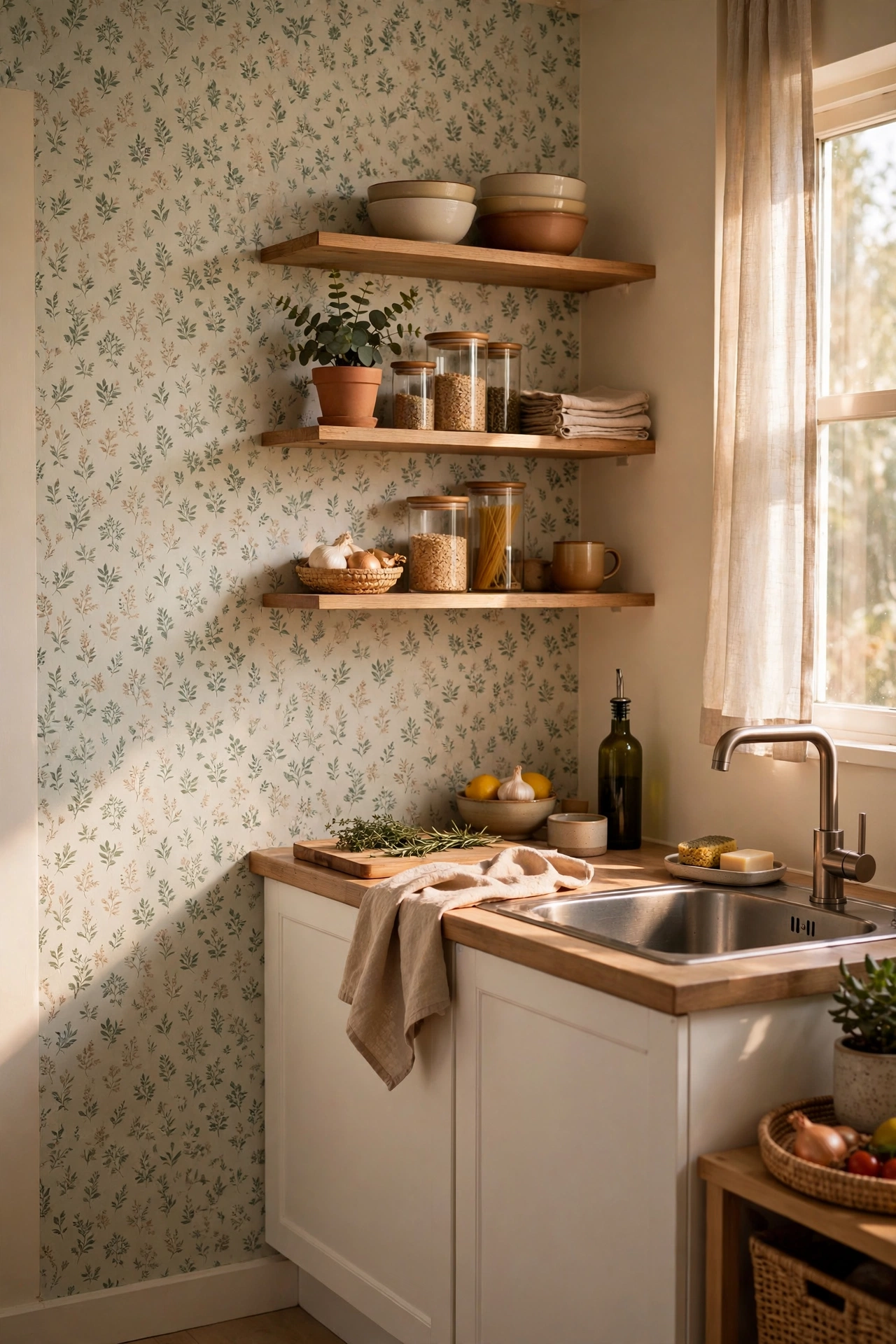 Peel-and-stick wallpaper feature wall in a rented kitchen