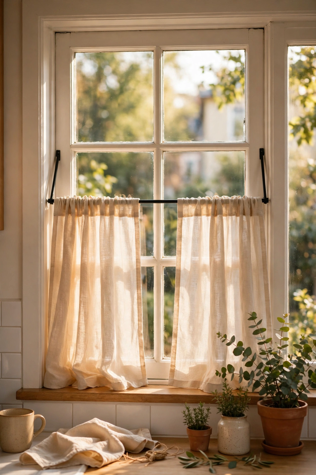 Tension rod with cafe curtains in a rental kitchen window