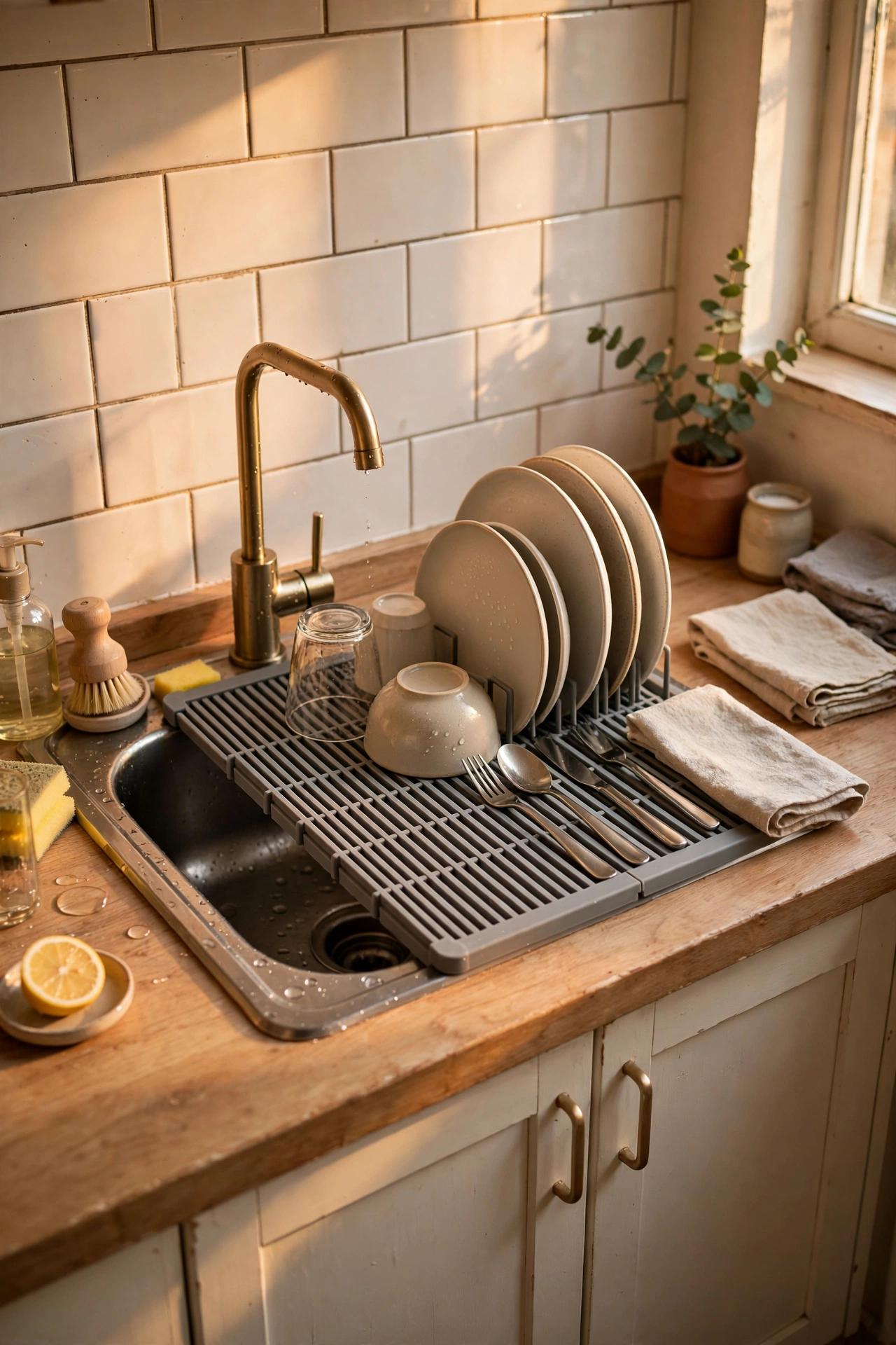 Roll-up dish rack over a sink in a tiny rented kitchen