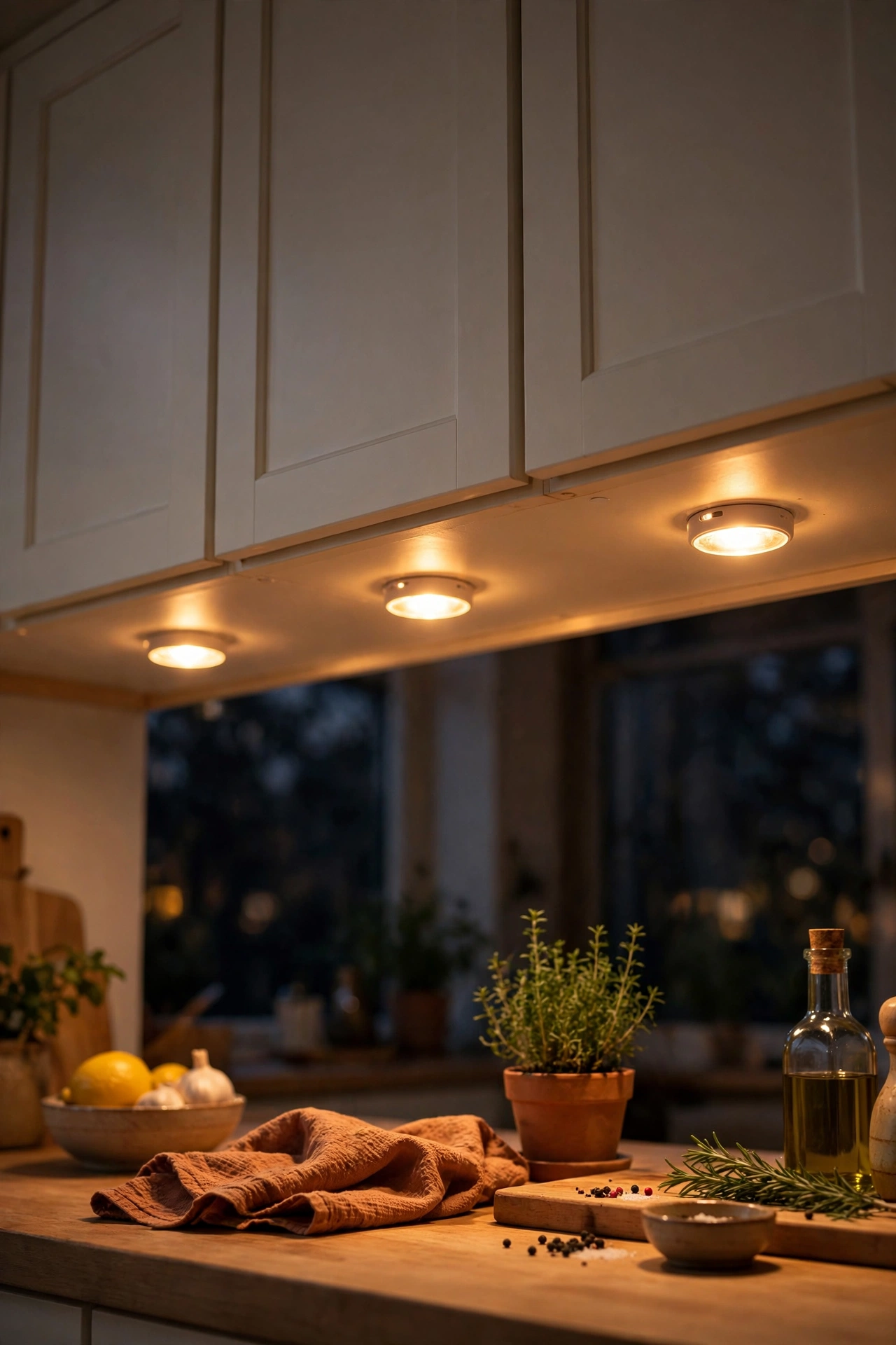 Adhesive battery puck lights under rented kitchen cabinets