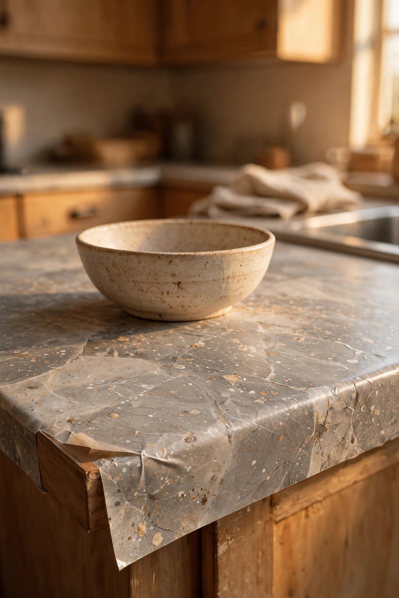 Rental worktop refreshed with stone-pattern contact paper