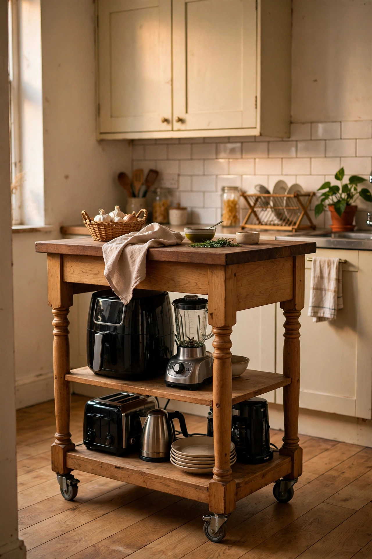 Freestanding rolling island adding storage to a rented kitchen