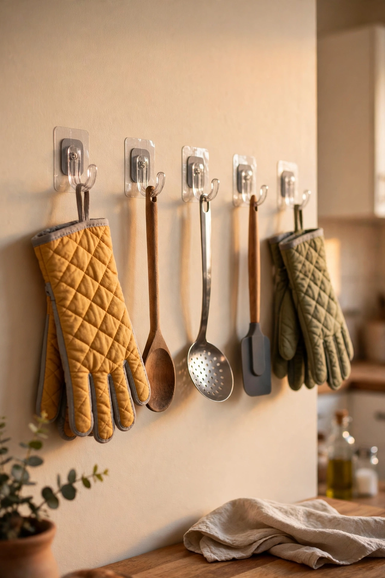 Adhesive hooks as a utensil rail on a rental kitchen wall