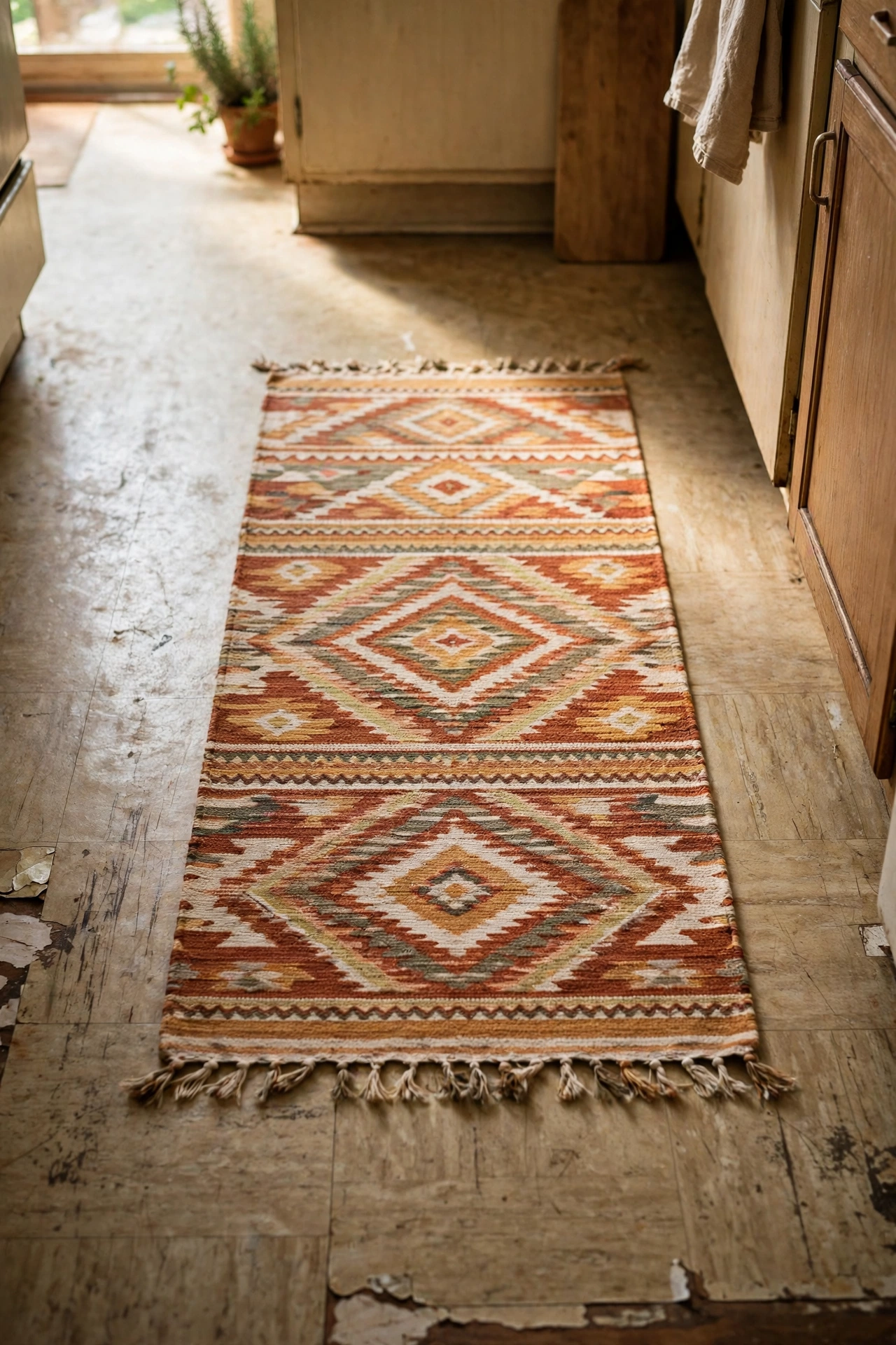 Washable runner covering tired rental kitchen flooring