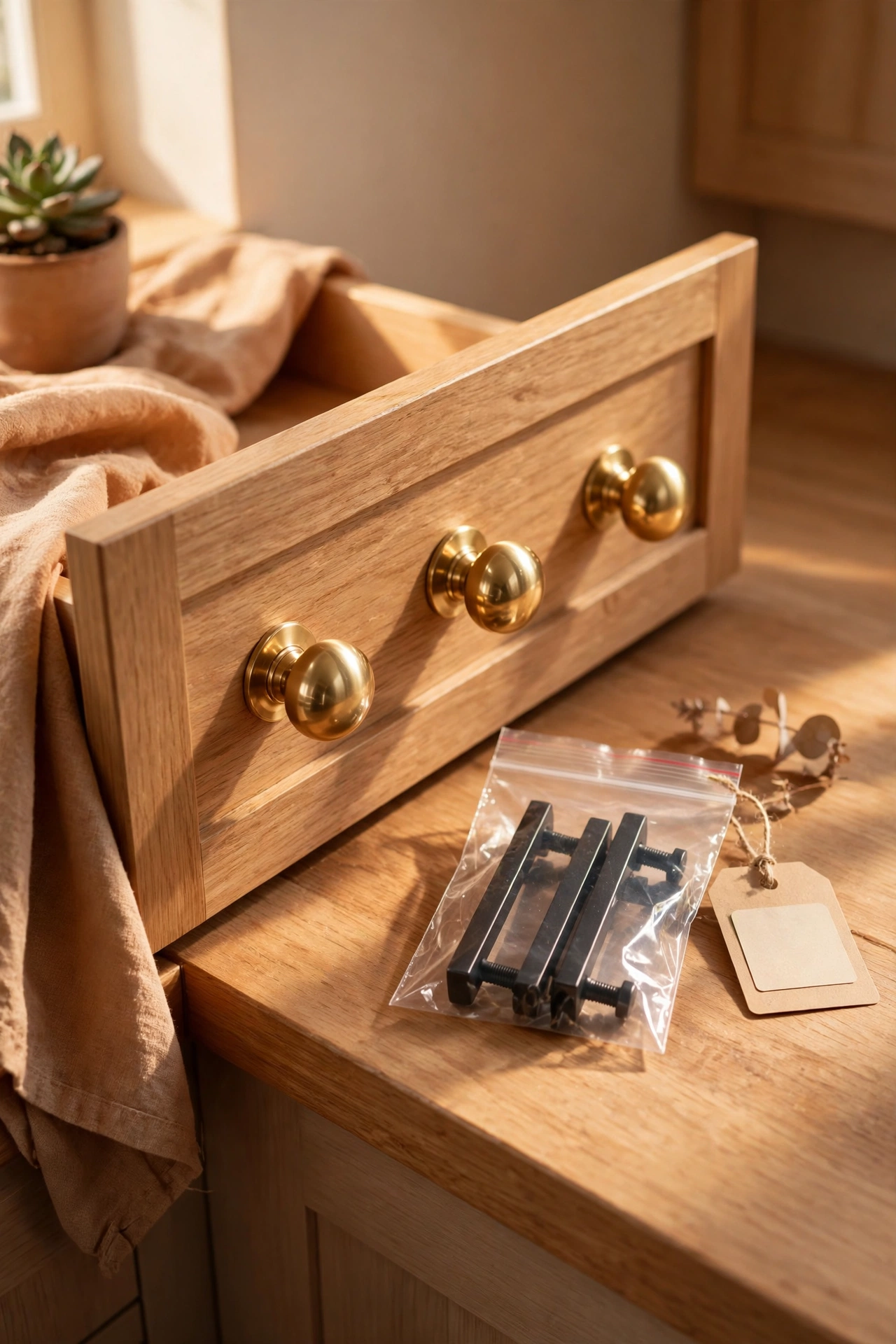 New cabinet knobs fitted with originals kept in a labelled bag