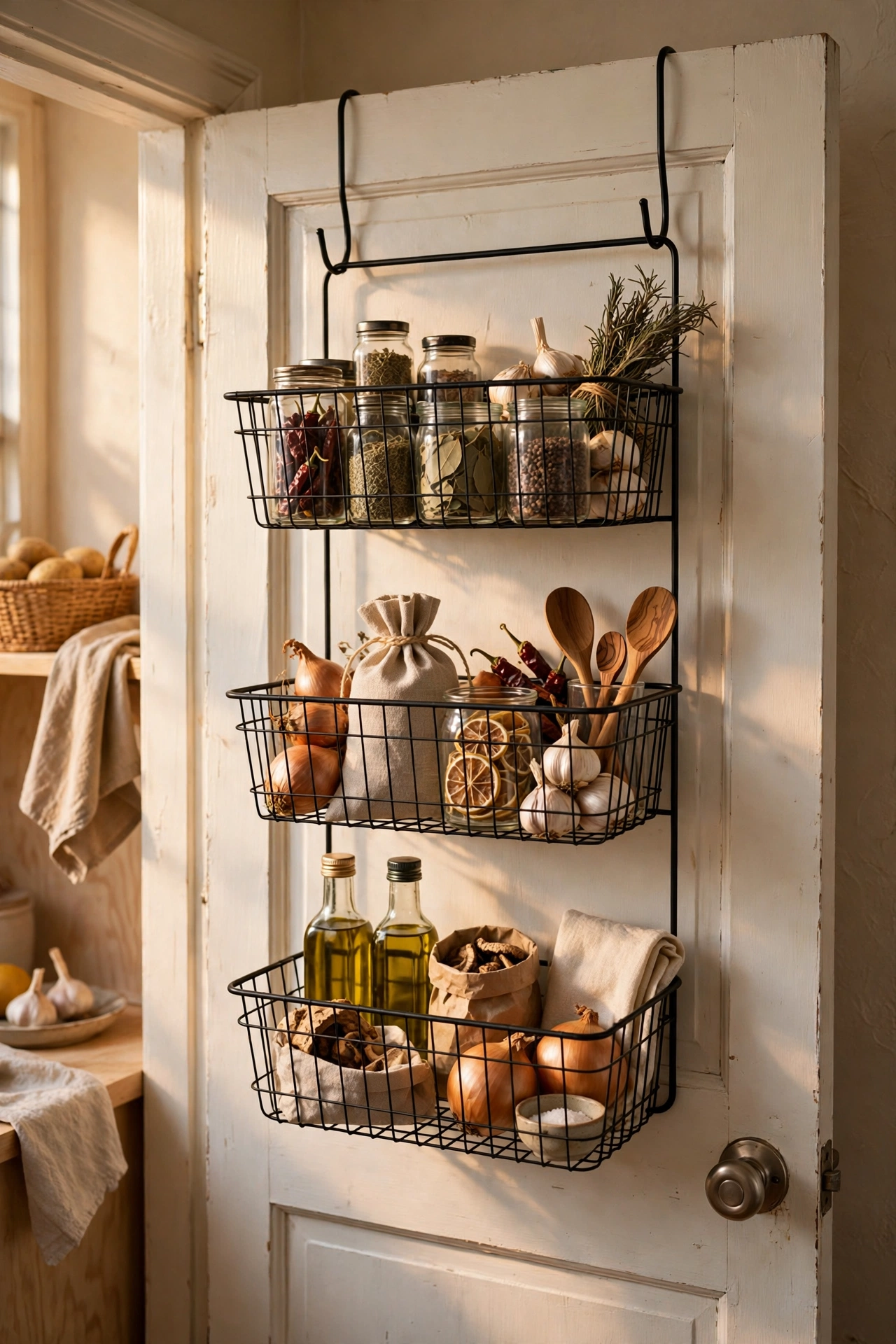 Over-door rack organiser on a rented kitchen pantry door
