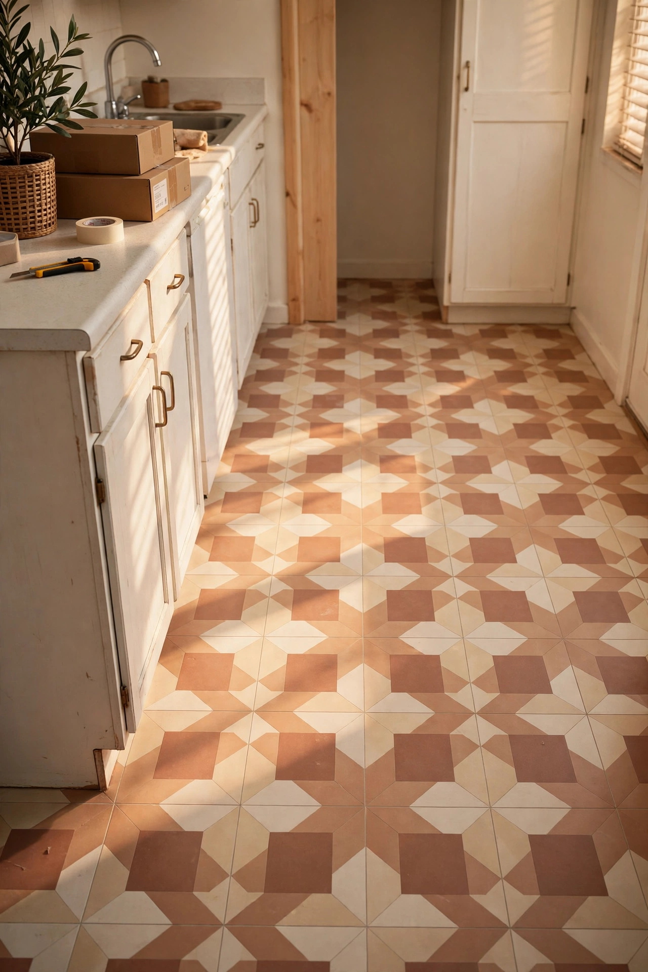 Peel-and-stick vinyl floor tiles over old rental kitchen floor