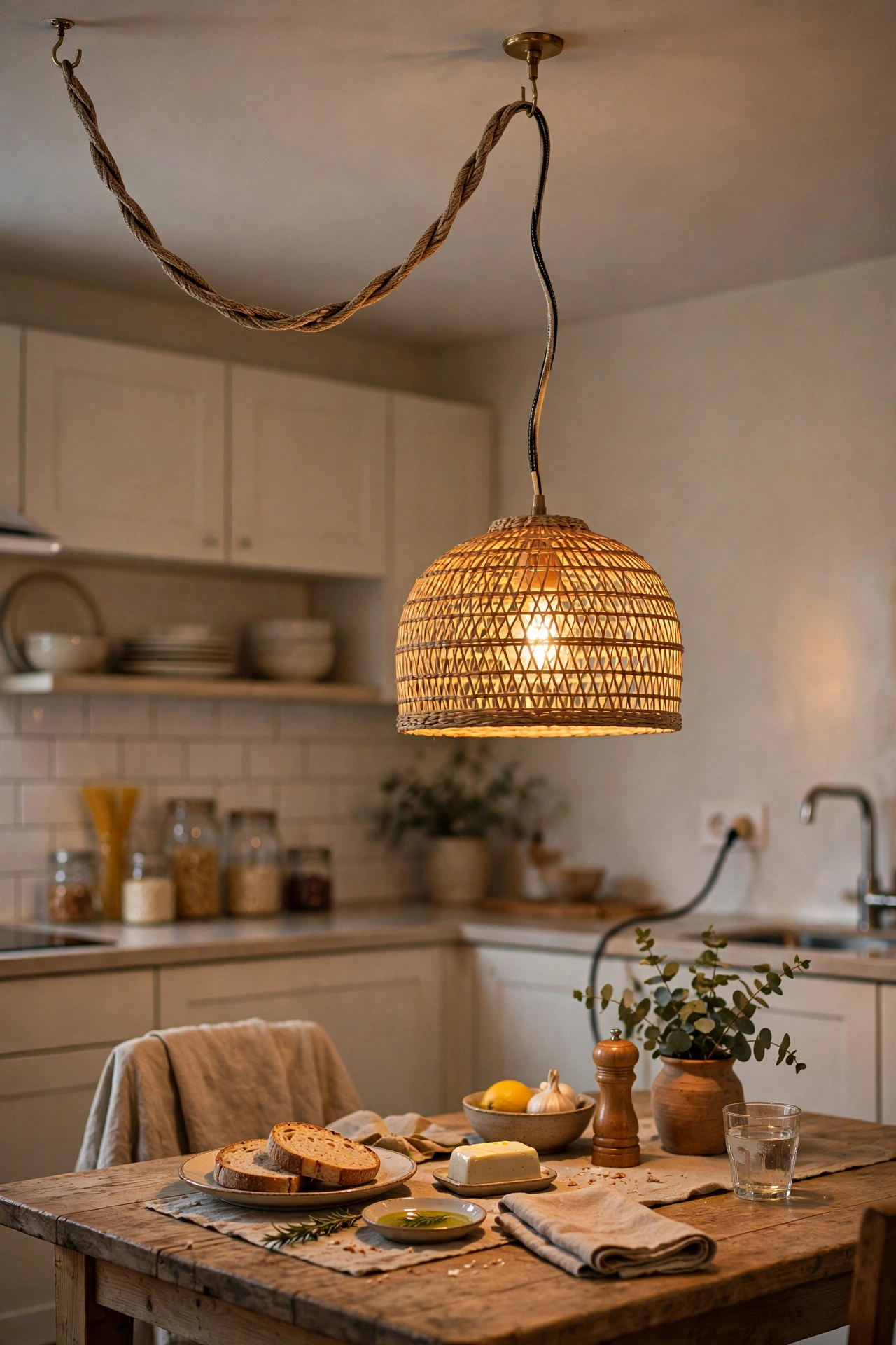 Plug-in pendant light on a swag hook over a rental dining table