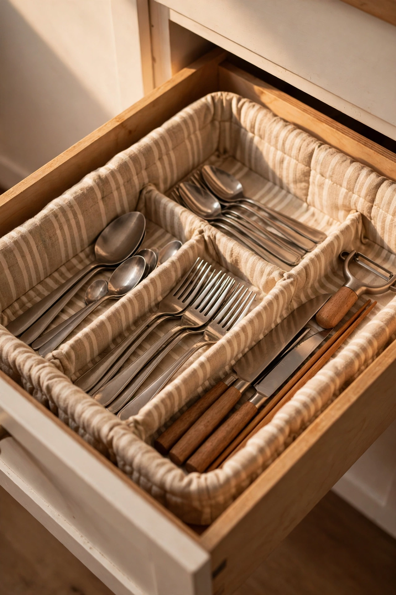 Rental kitchen shelves and drawers lined with washable liner
