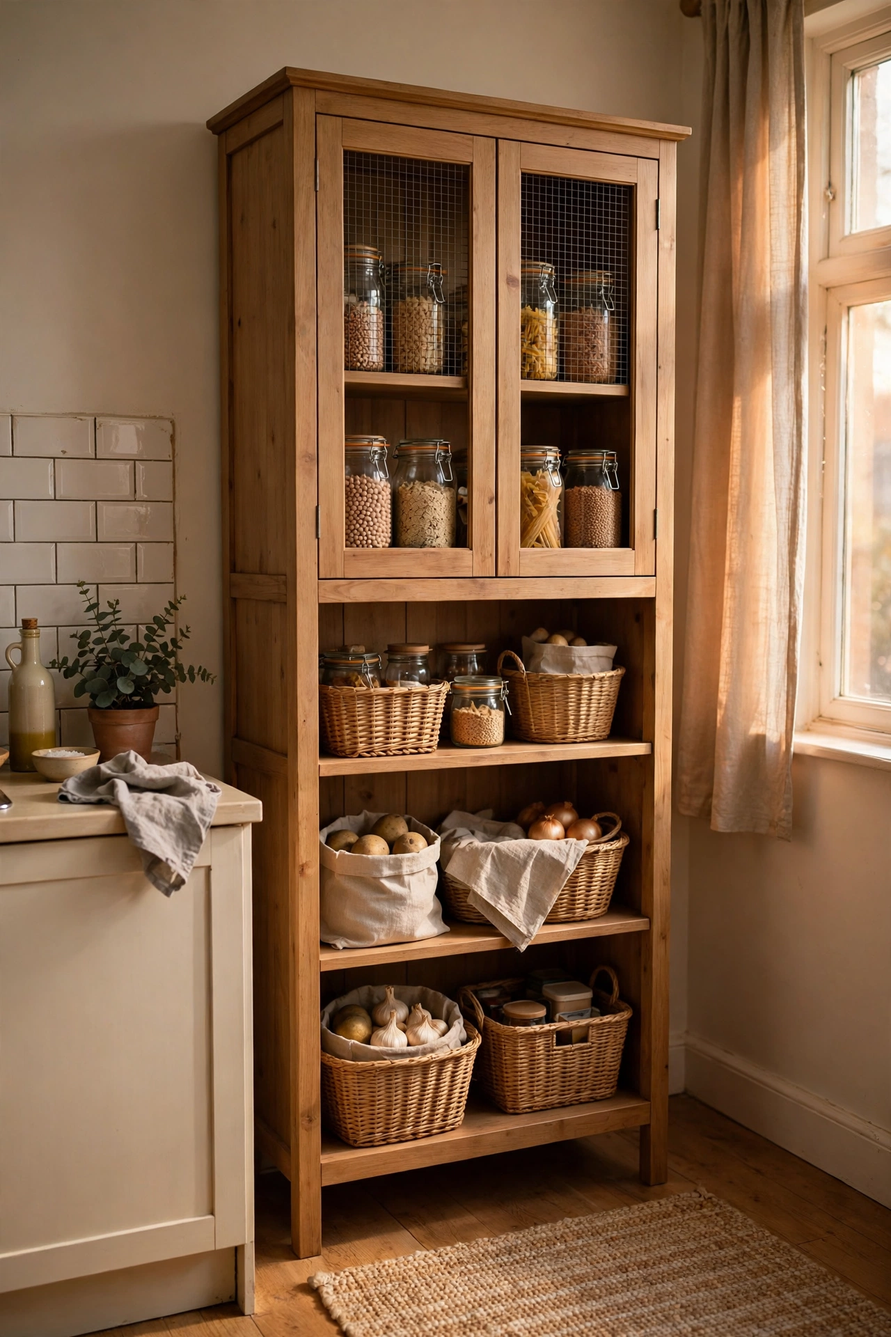 Freestanding pantry cabinet styled with jars in a rented kitchen
