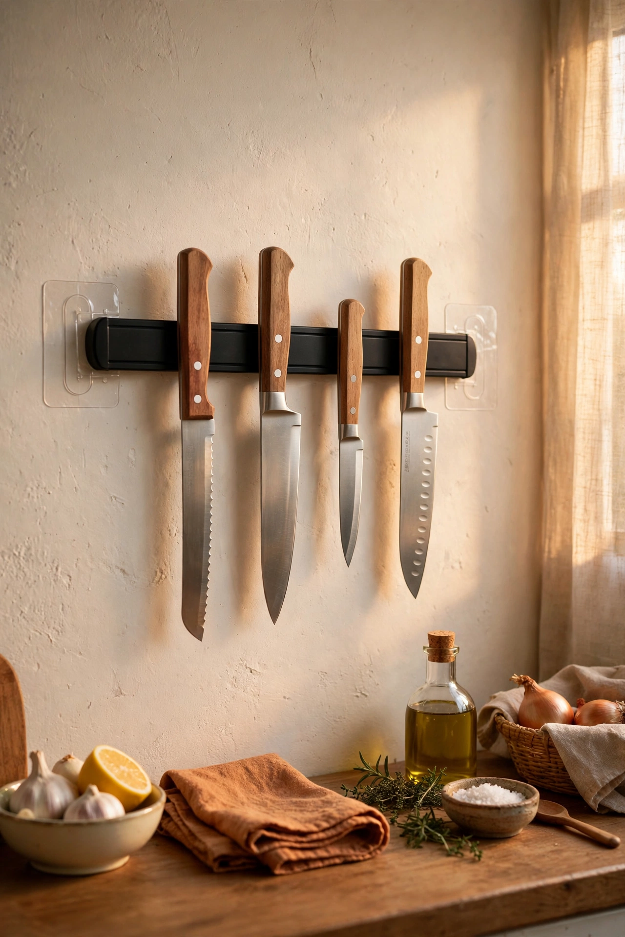 Magnetic knife bar mounted with adhesive in a rental kitchen