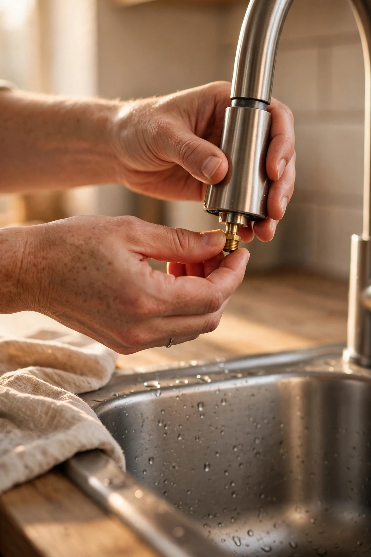 New tap aerator being fitted by hand in a rented kitchen