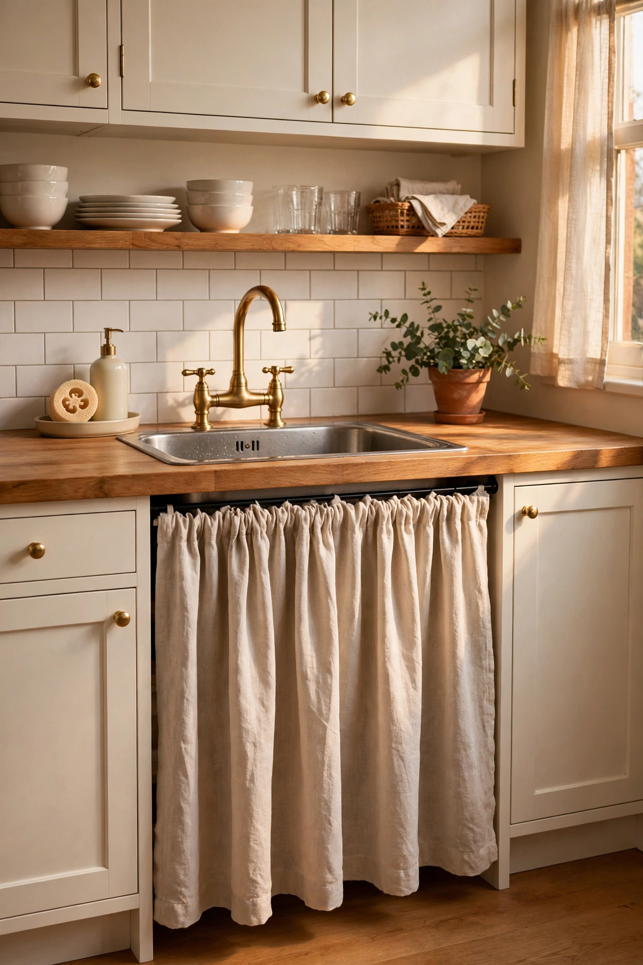 Fabric skirt on a tension rod hiding under-sink clutter