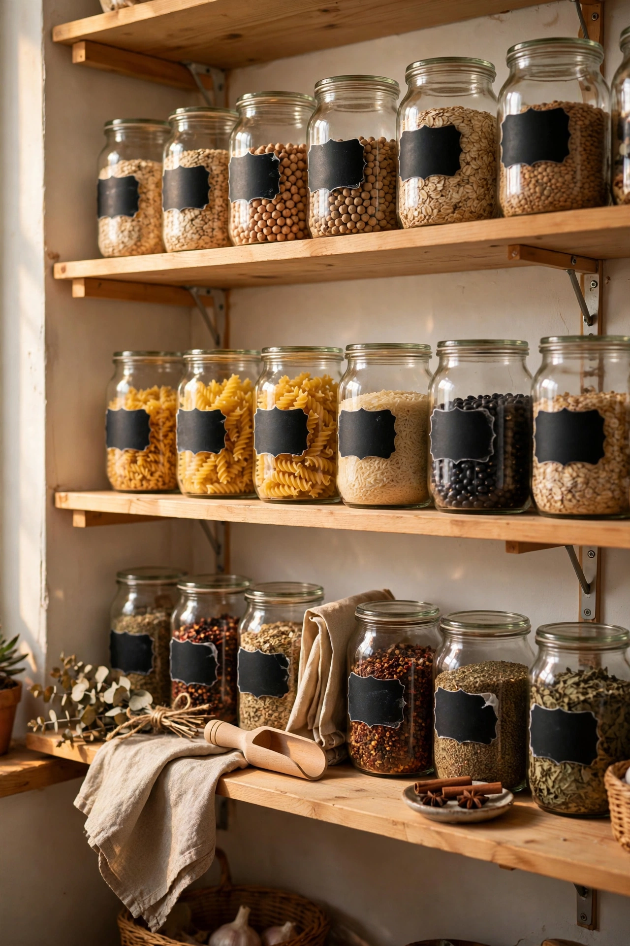 Uniform jars with peel-off chalkboard labels on pantry shelves