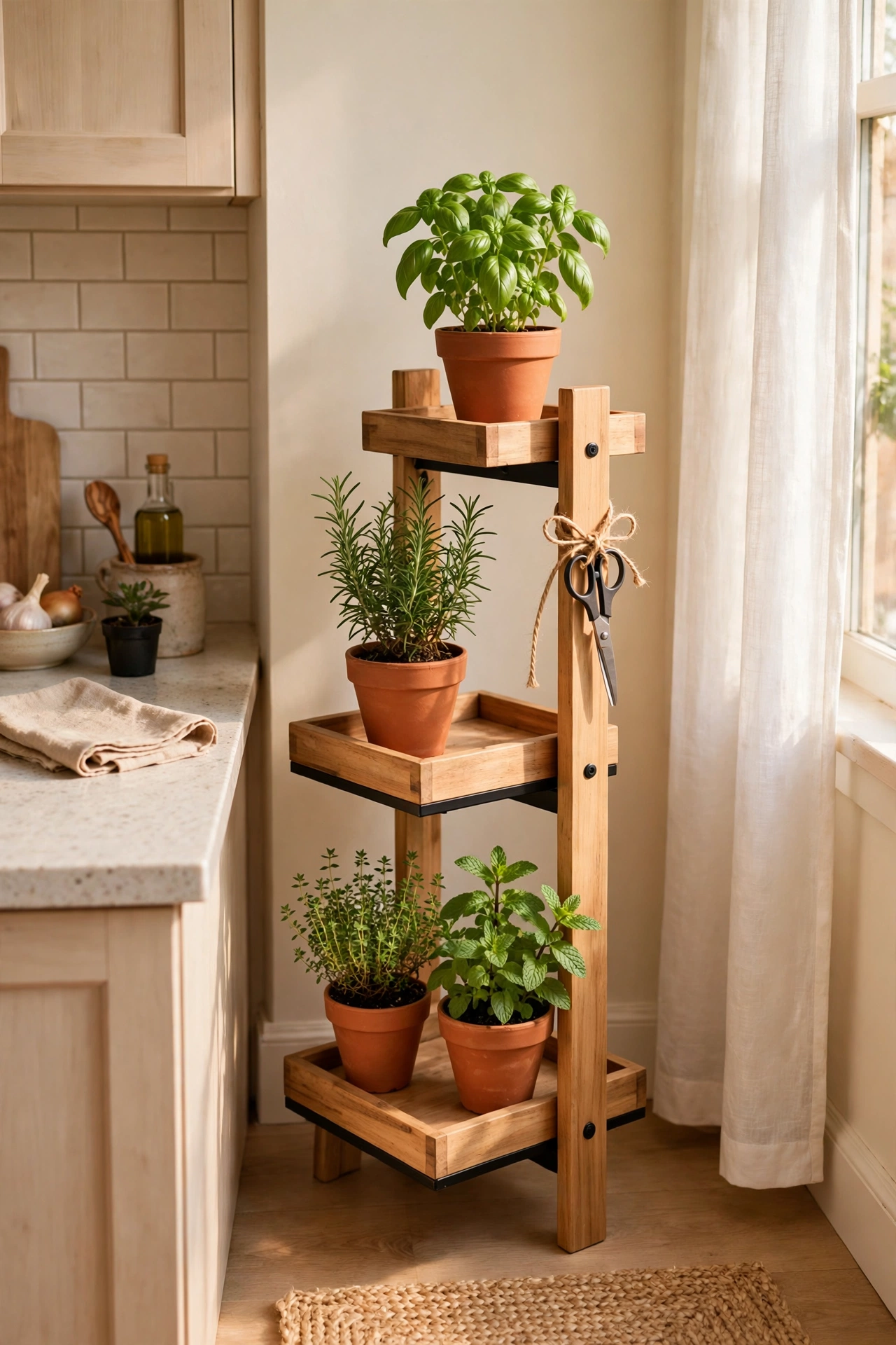 Freestanding tiered herb stand with pots in a rented kitchen