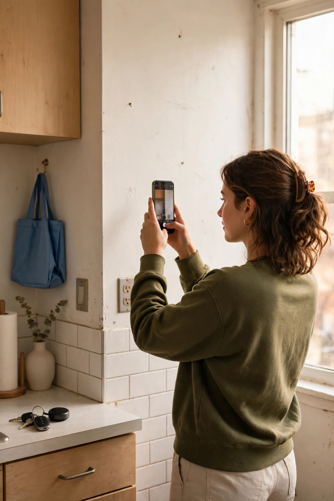 Phone photographing kitchen walls for a move-in condition log