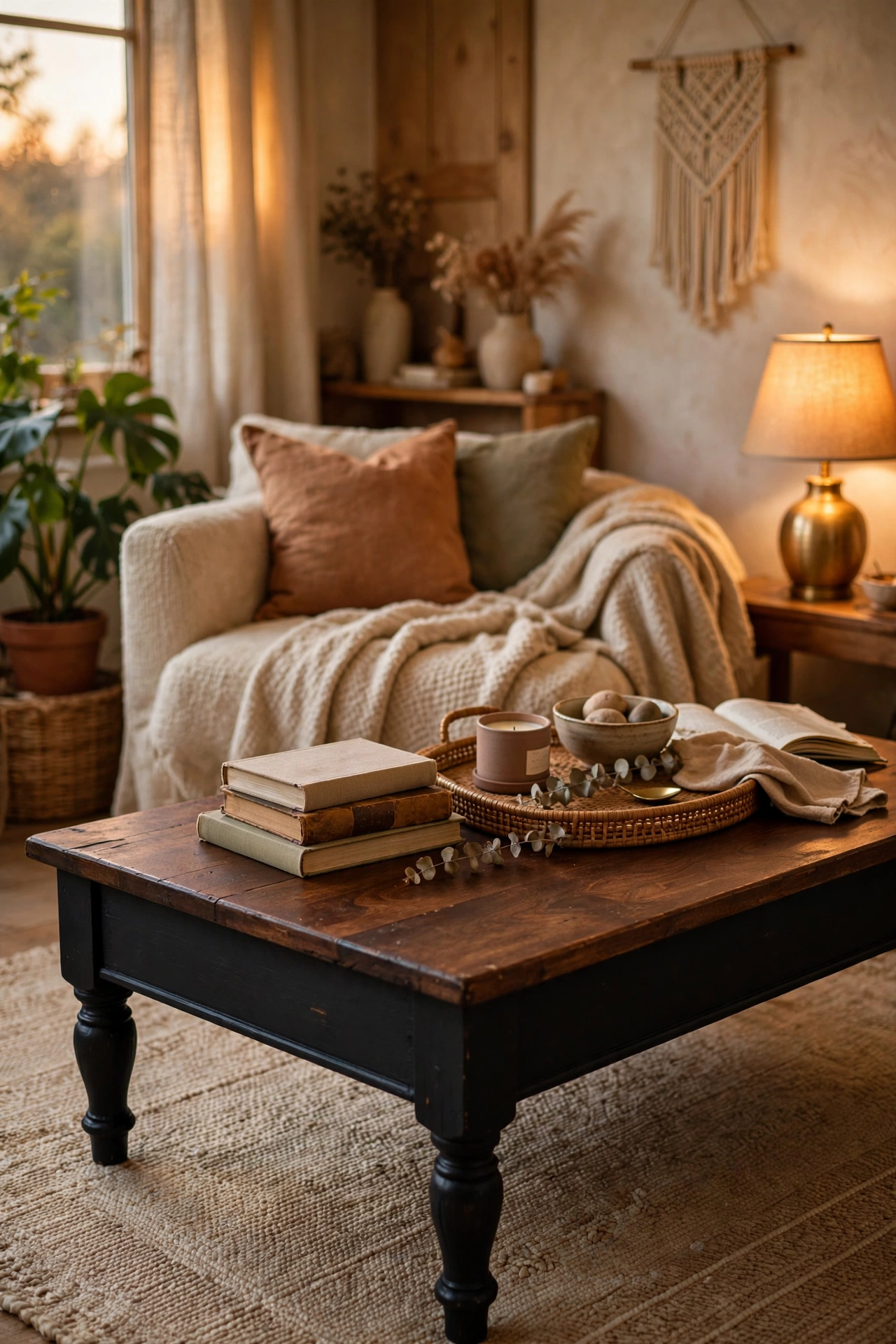 Budget coffee table idea: thrifted wood coffee table refinished in two-tone black and walnut