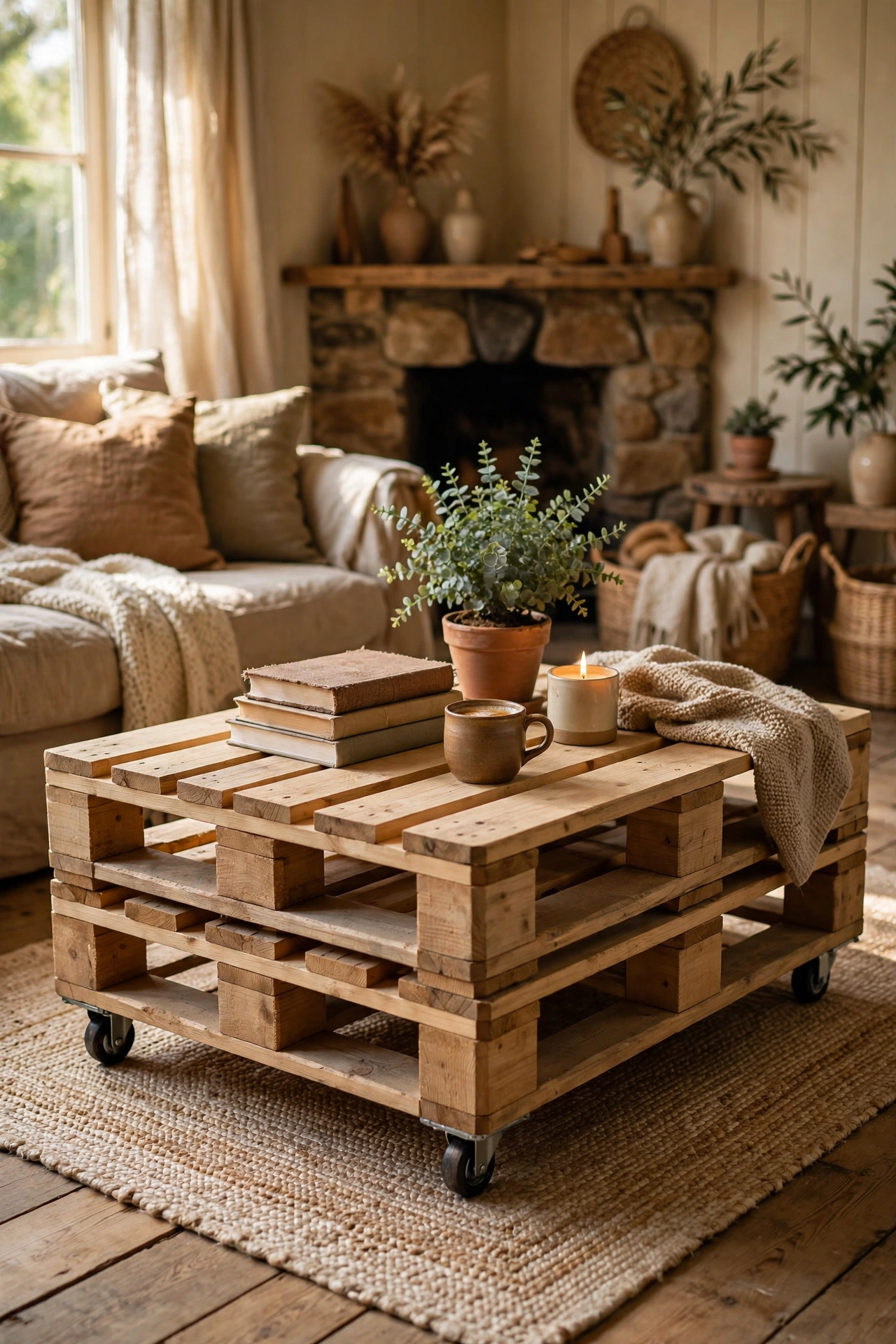 DIY pallet coffee table with glass top in a budget living room