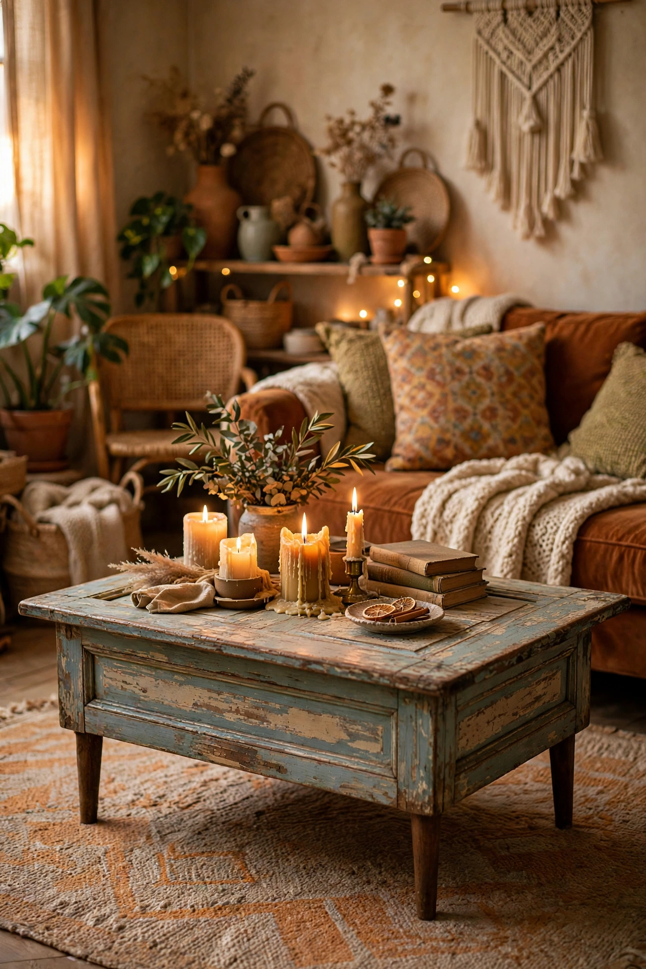 Vintage door laid flat as a characterful coffee table in a living room