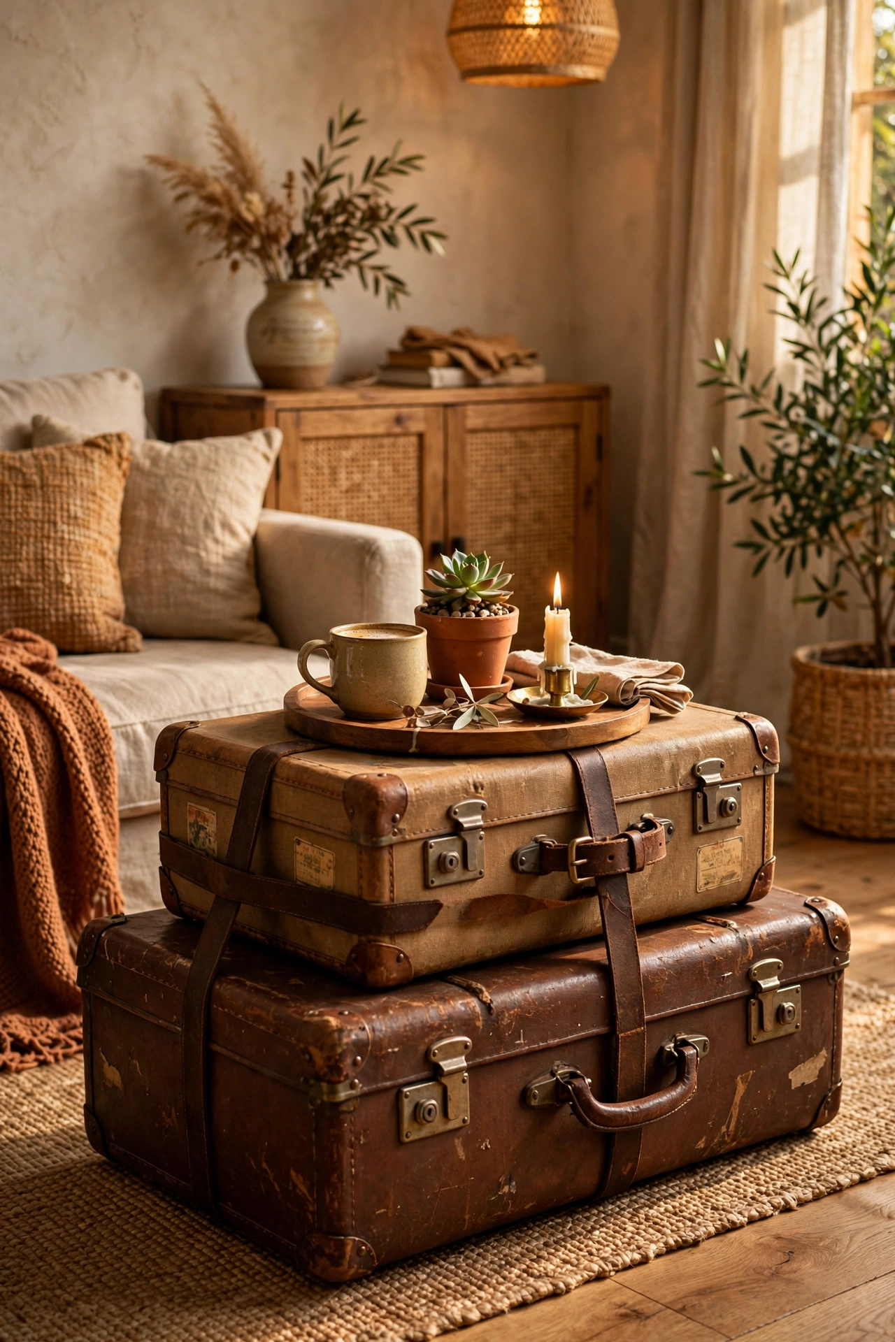 Stack of vintage suitcases used as a coffee table with hidden storage