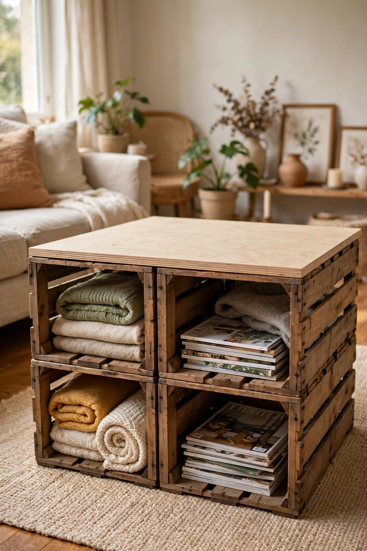 Coffee table built from four wooden crates with open cubby storage