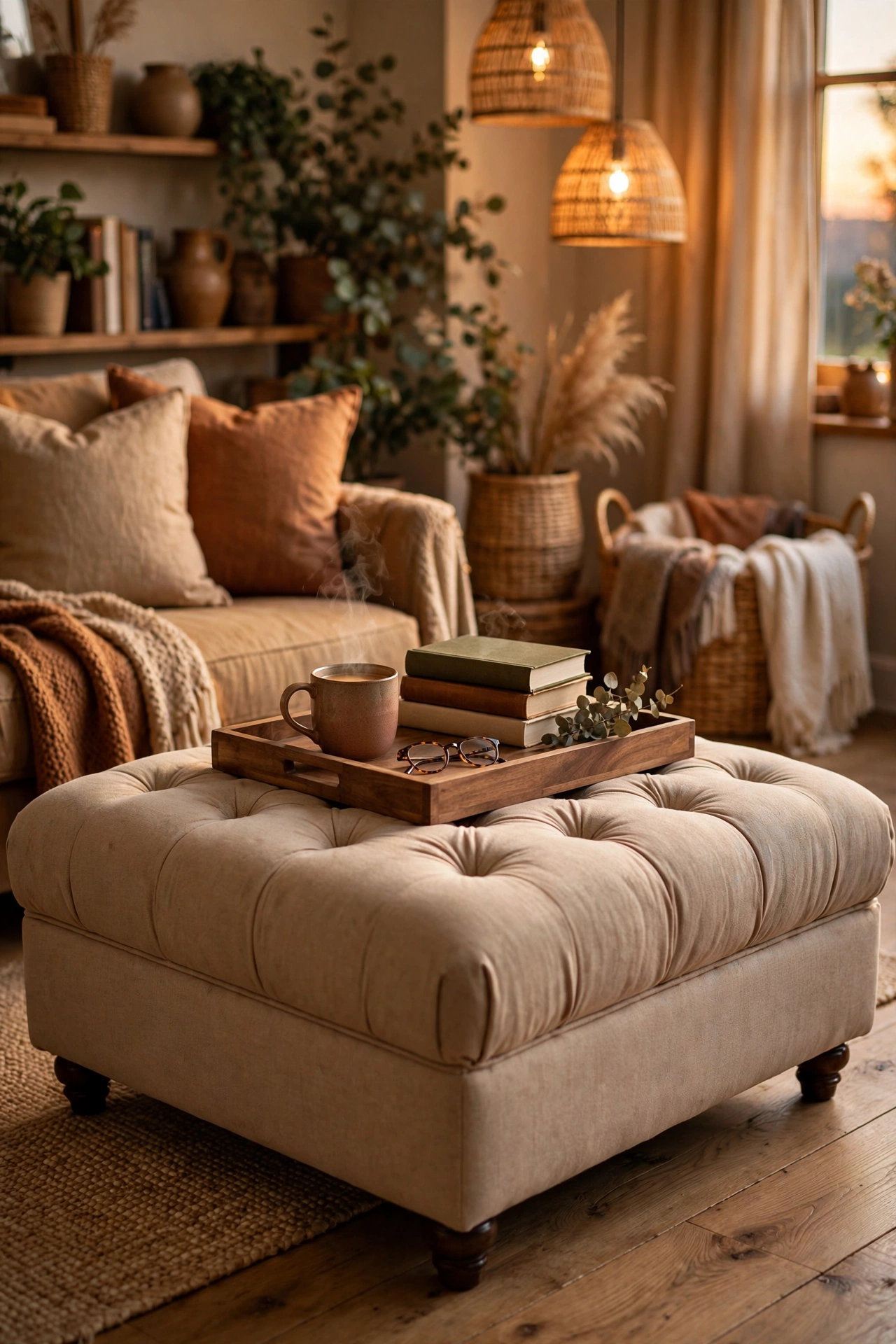Large storage ottoman used as a coffee table with a wooden tray on top