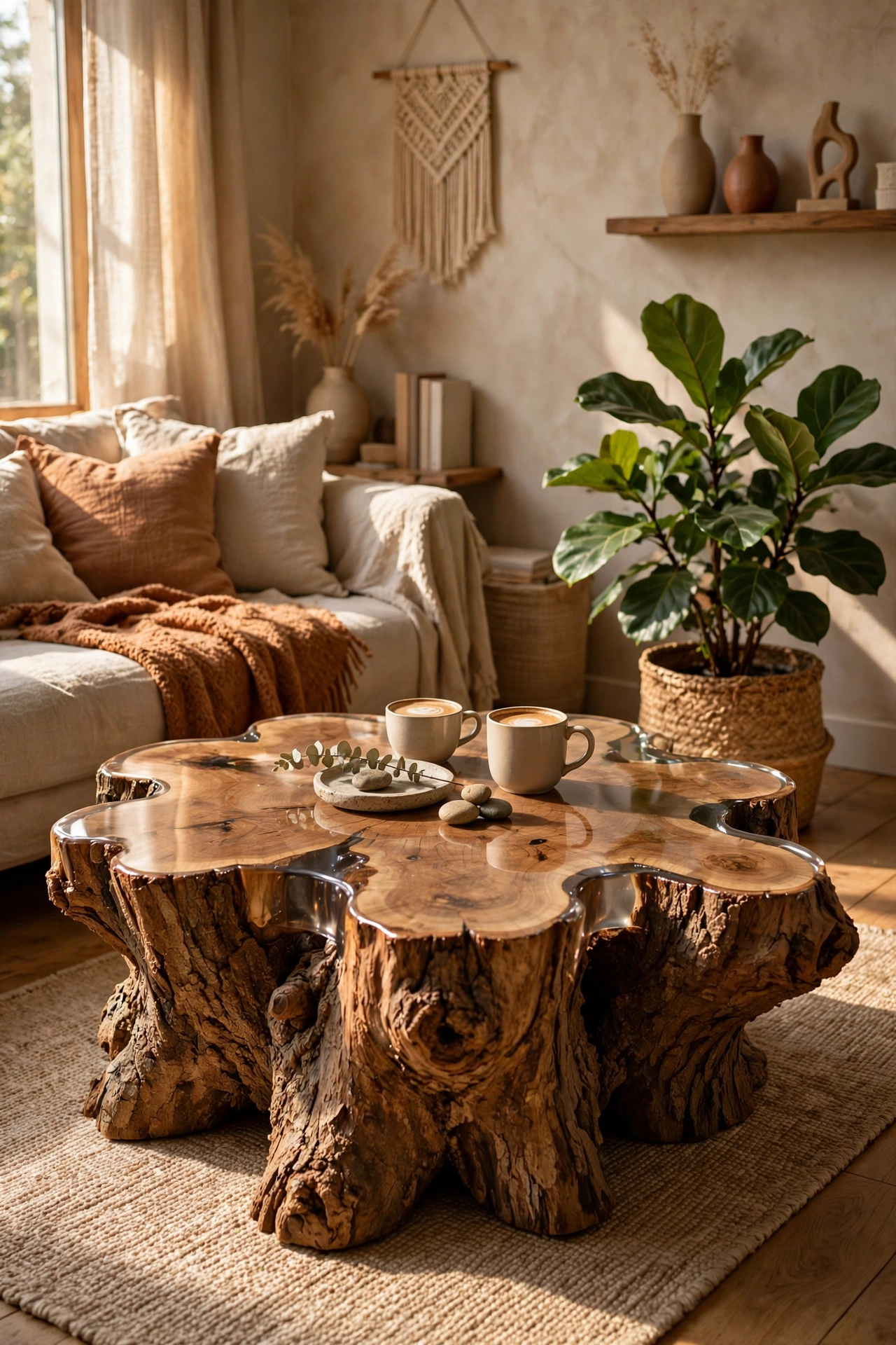 Tree stump sealed and used as a sculptural coffee table in a living room