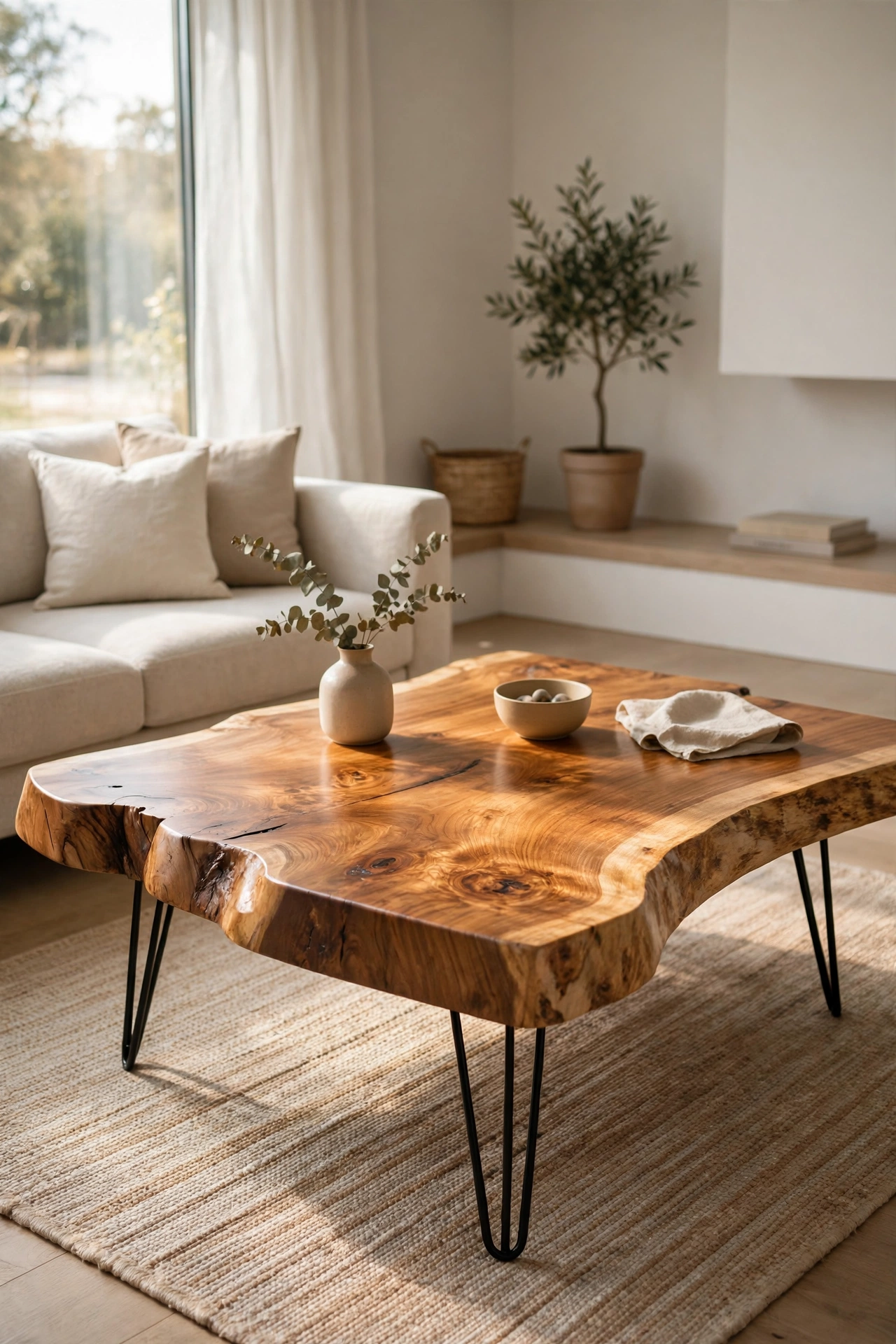 Live-edge wood slab on hairpin legs as a mid-century coffee table