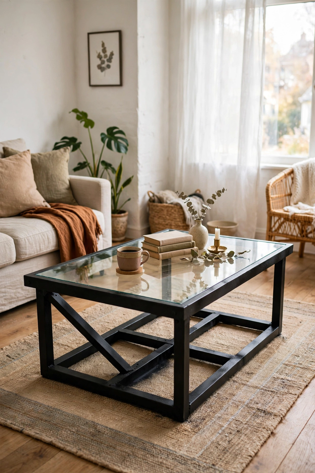 Thrifted glass-top coffee table with spray-painted black metal base
