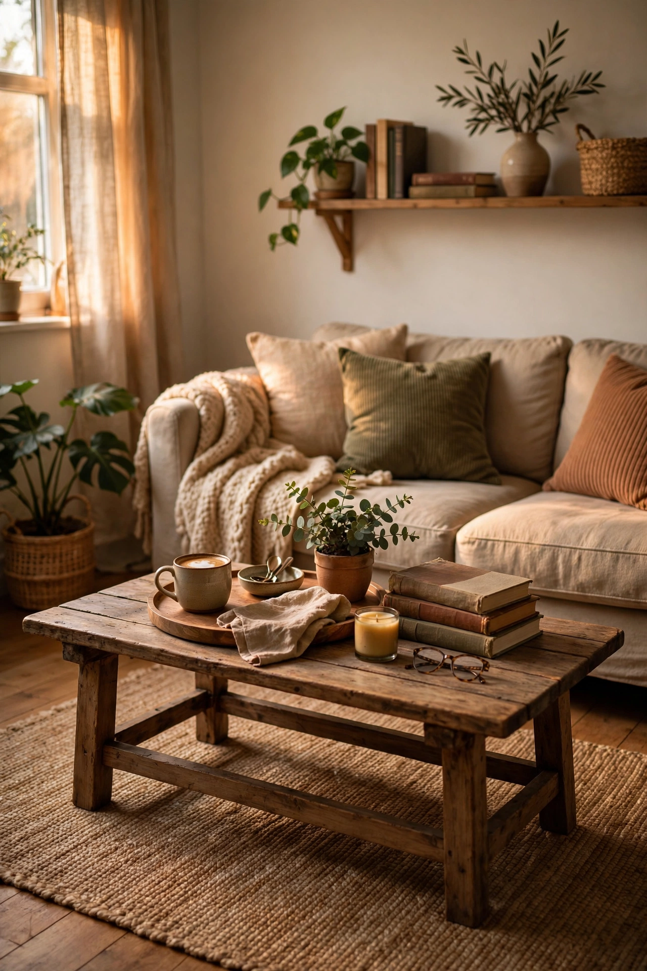 Low wooden bench used as a coffee table in a small living room