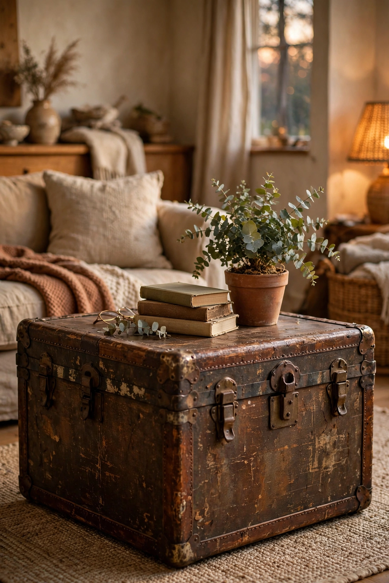 Vintage trunk used as a coffee table with storage in a living room
