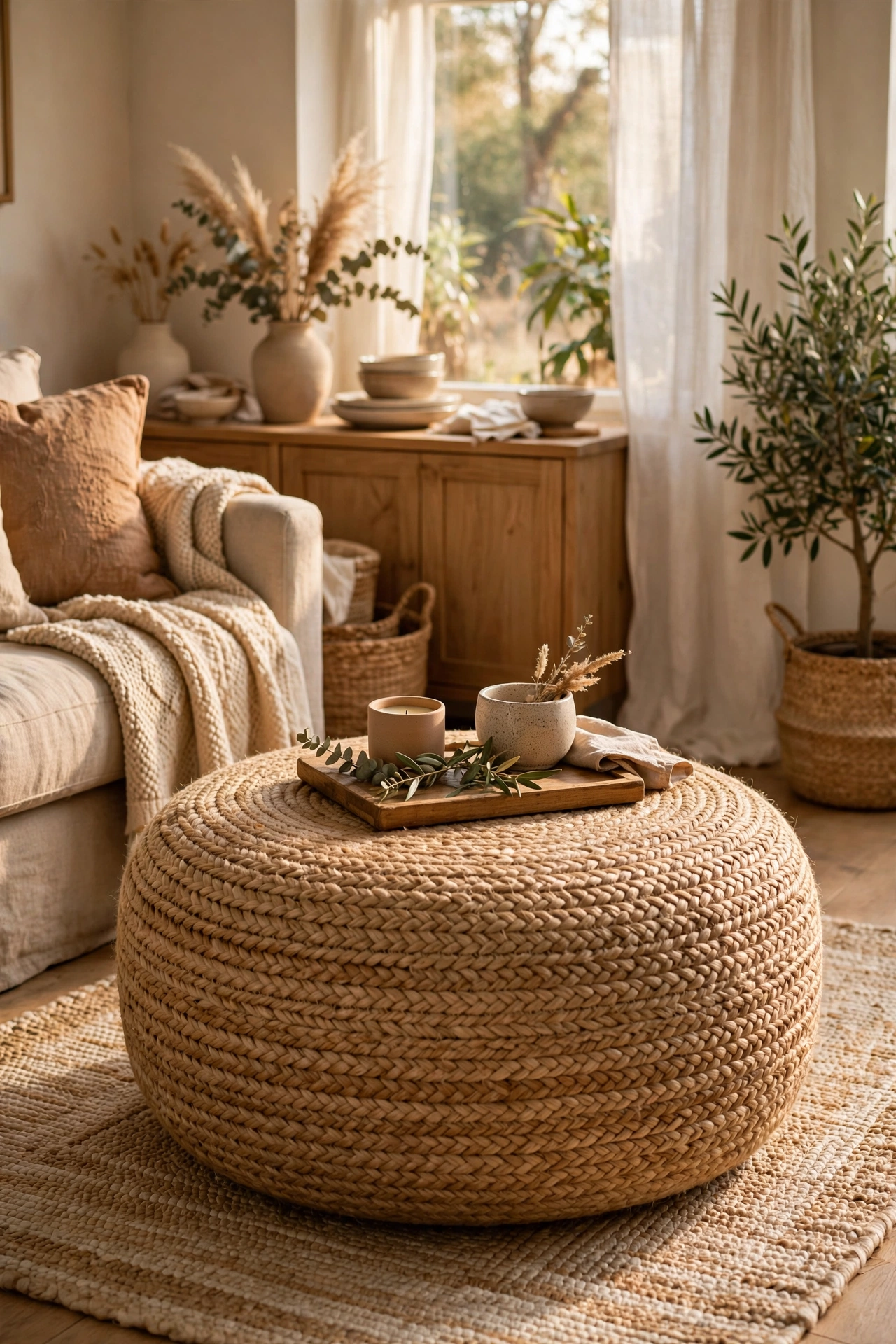 Round jute ottoman used as a textured coffee table in a living room