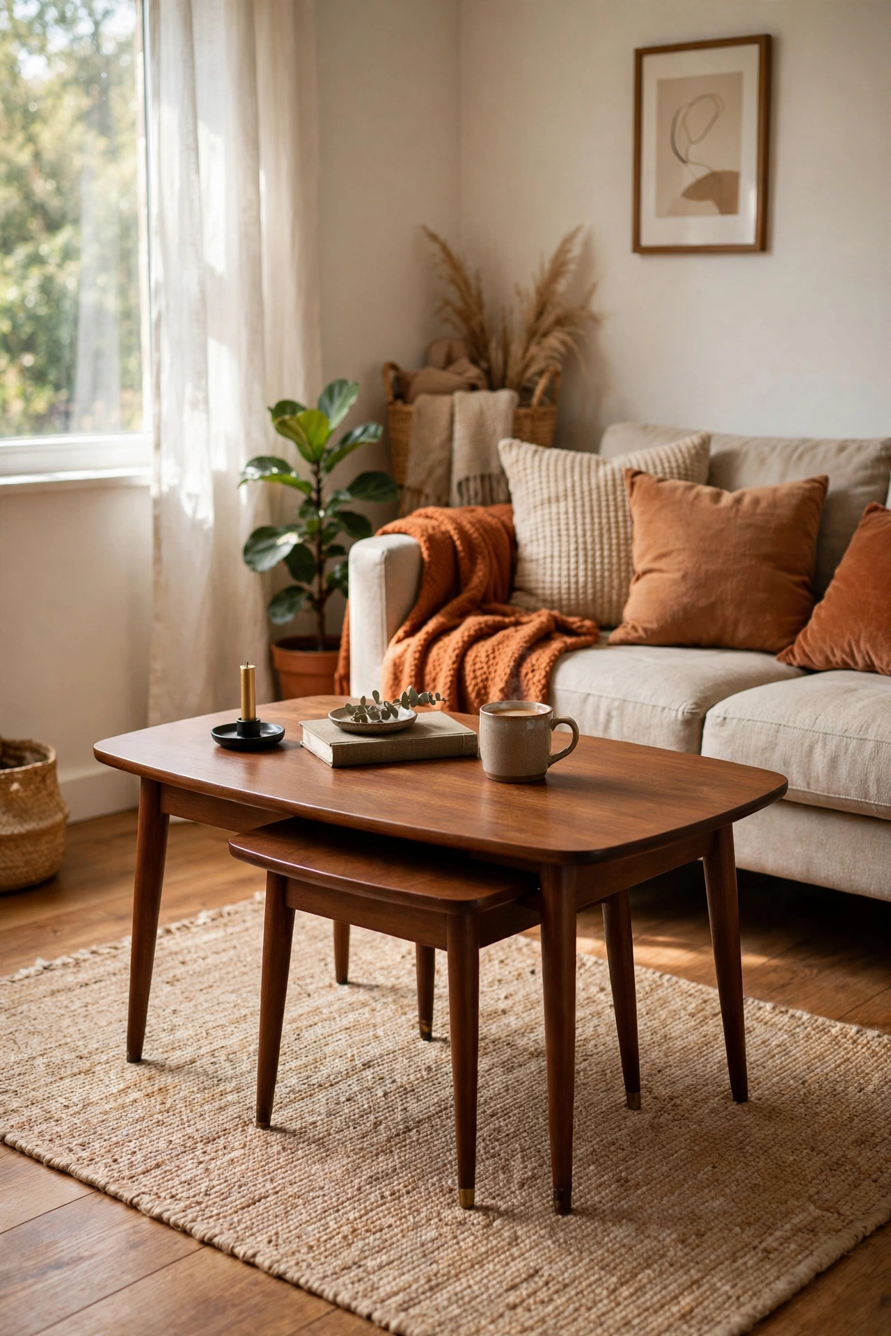 Set of nesting tables used instead of a big coffee table in a small living room